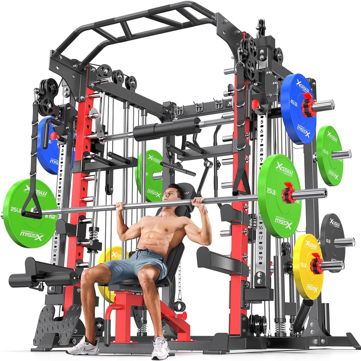 Smith Machine Power Rack Multifunctional Power Cage Deep Squat Rack Cable Crossover System Selectable More Training Attachment for Garage & Home Gym