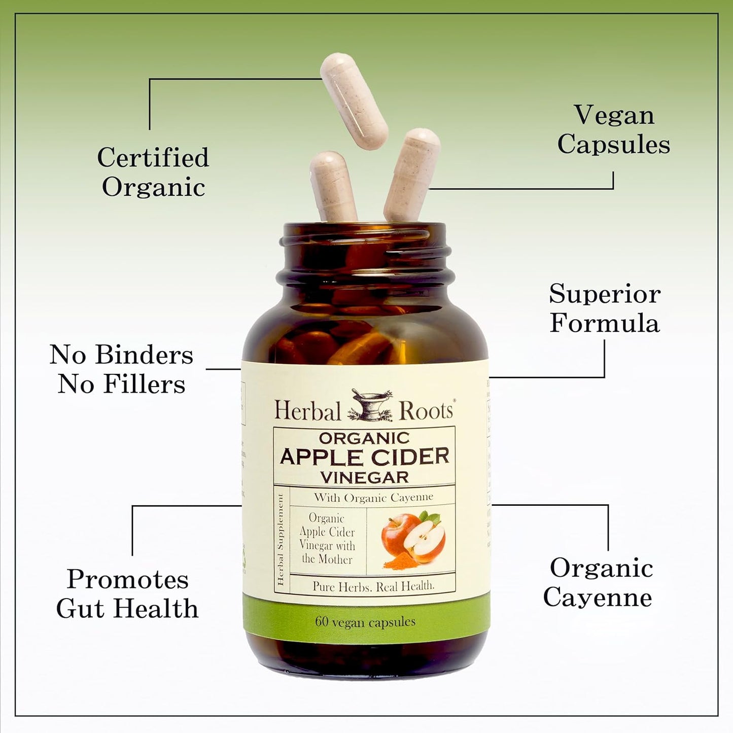 Herbal Roots Organic Apple Cider Vinegar Capsules with Mother and Organic Cayenne | 650 mg | 60 Vegan Capsules