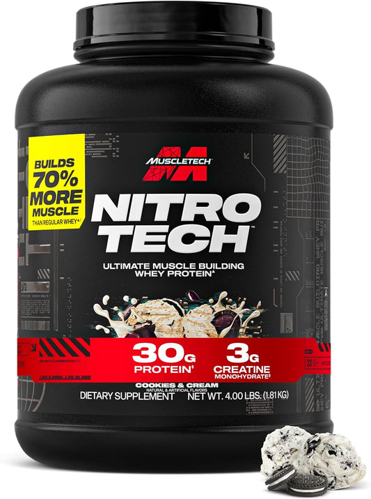 Whey Protein Powder | MuscleTech Nitro-Tech Whey Protein Isolate & Peptides | Lean Protein Powder for Muscle Gain | Muscle Builder for Men & Women | Sports Nutrition | Cookies and Cream, 4lb (40 Serv)