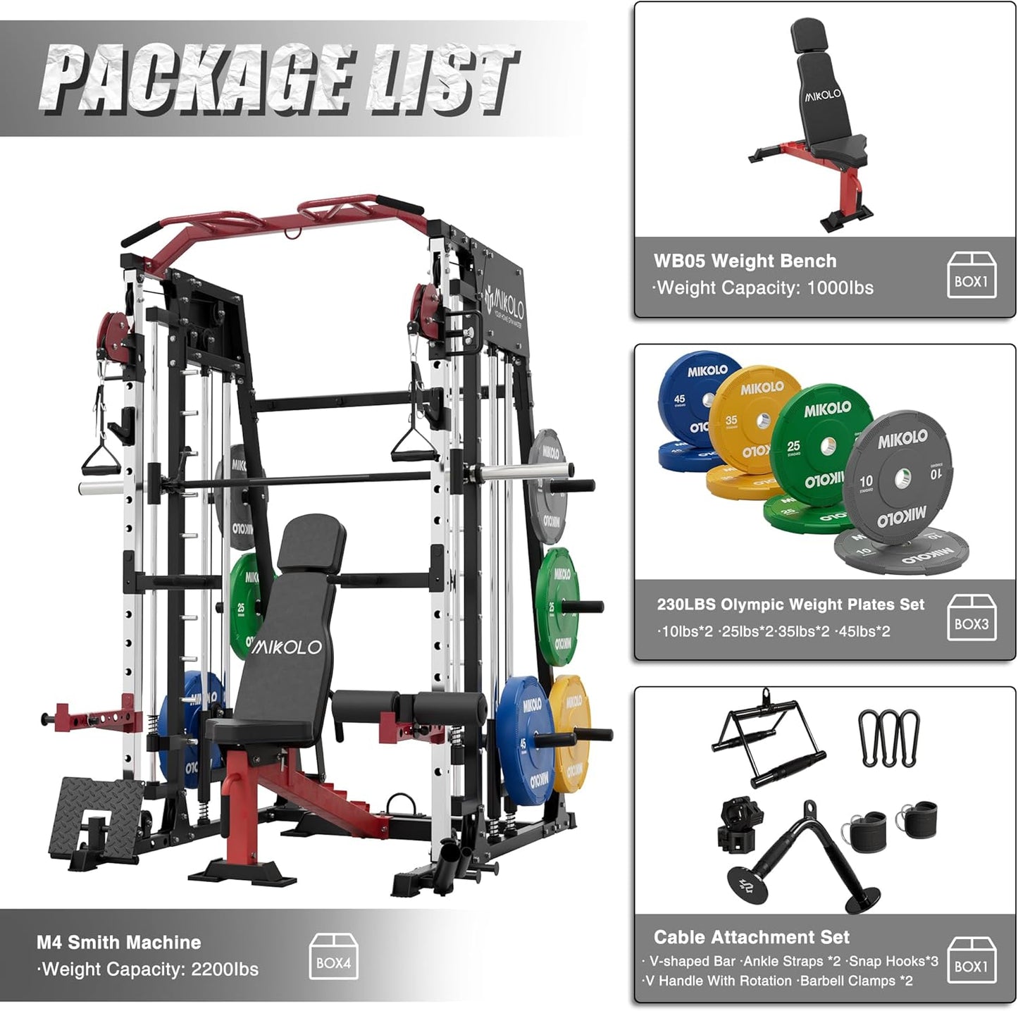 Mikolo Smith Machine, 2200lbs Squat Rack with LAT-Pull Down System & Cable Crossover Machine, Training Equipment with Leg Hold-Down Attachment