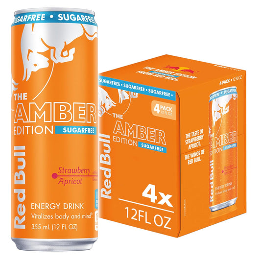 Red Bull Amber Edition Sugar Free Energy Drink, Strawberry Apricot, with 114mg Caffeine plus Taurine & B Vitamins, 12 Fl Oz, Pack of 4 Cans