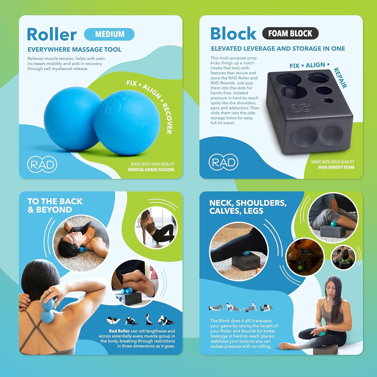 RAD All-in Complete Myofascial Release and Muscle Recovery Set - Includes Exercise Foam Rollers, Multi-Use Yoga Block, Peanut & Massage Balls, Neuro Ball Foot Roller, and Massage Stick