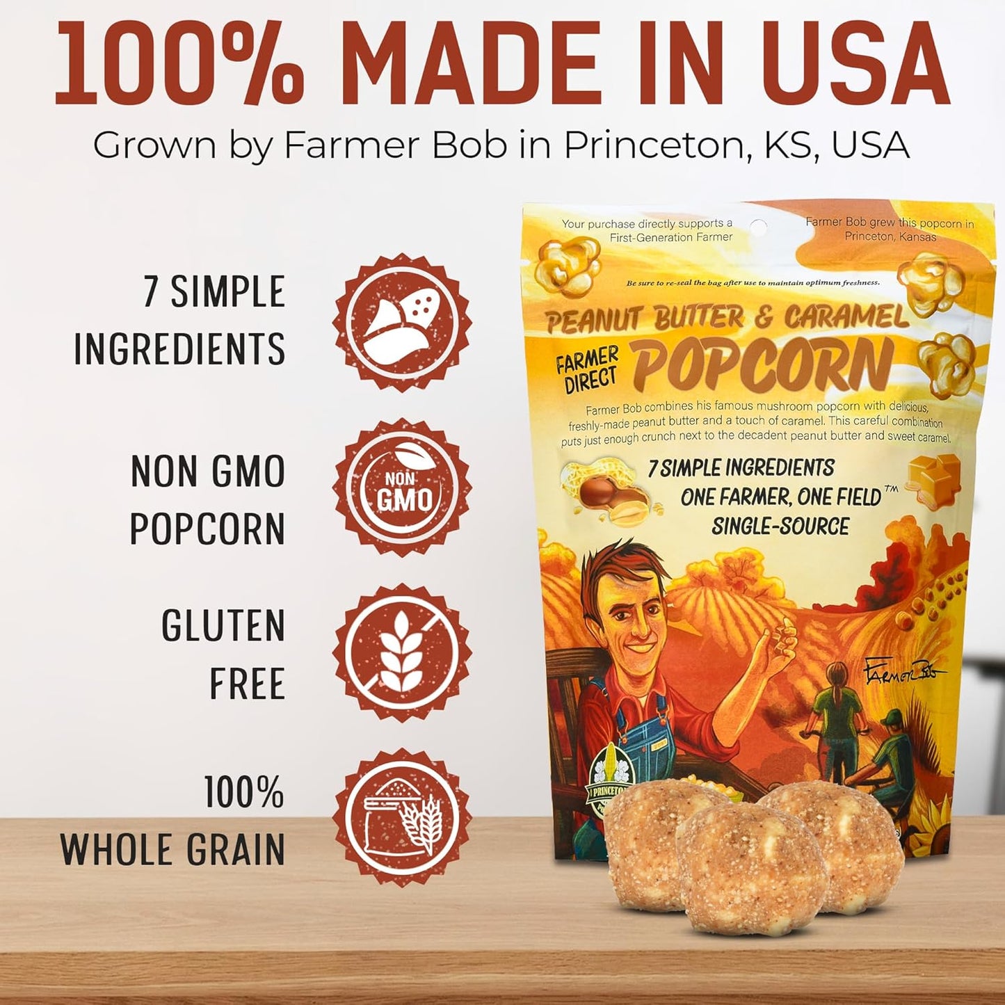 Gourmet Popcorn Bags, Peanut Butter Caramel Corn, Vegan, Gluten Free, Non-GMO, 7 Ingredient, Healthy Resealable Snack, 6oz Bag, Perfect Snacks for Adults, Peanut Butter Pretzels Flavor Farmer Direct - PuffyCrunch by Princeton Popcorn USA Made