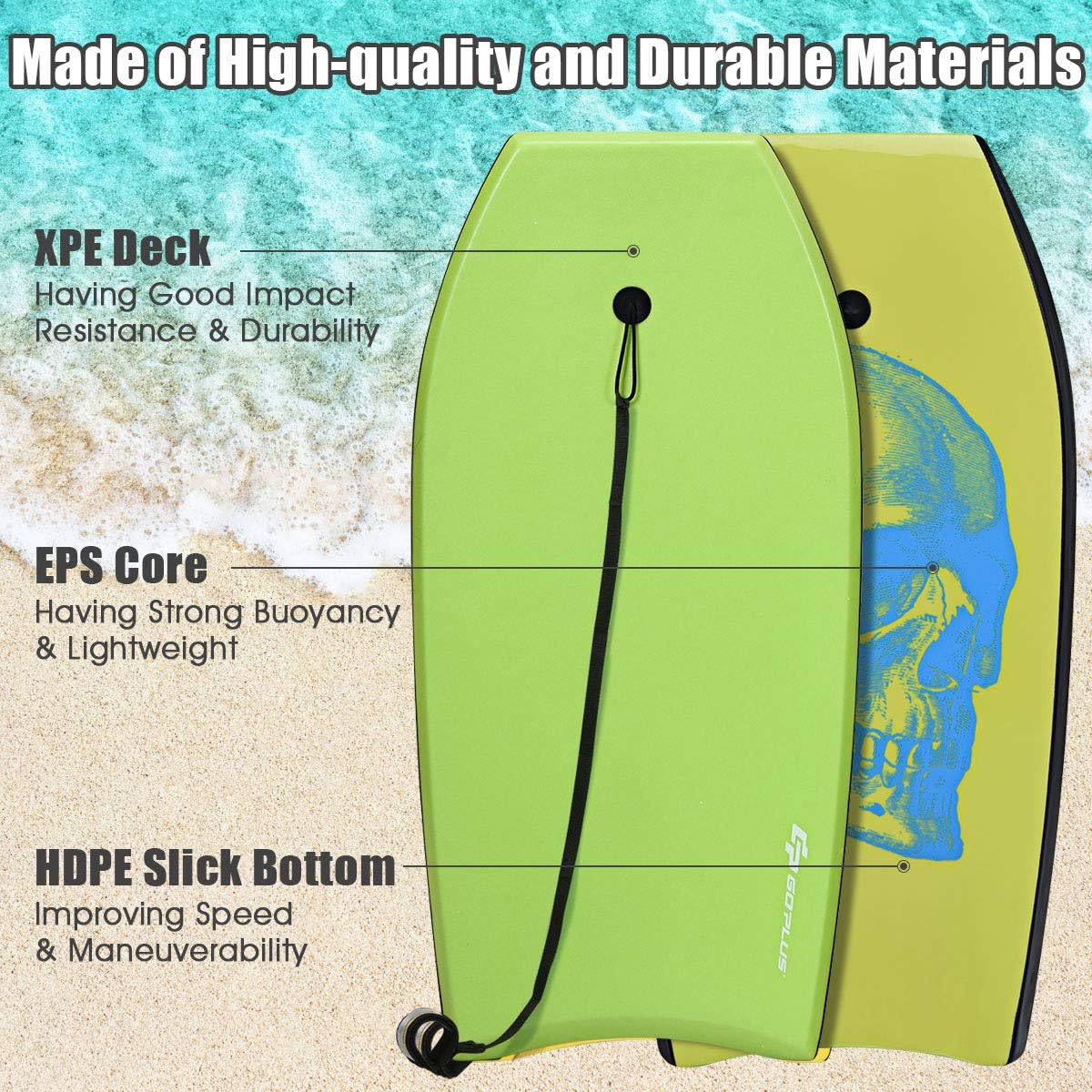 Goplus 41''/37''/33'' Lightweight Body Board for Beach, Surf Board with EPS Core, XPE Deck, HDPE Slick Bottom, Wrist Leash, Bodyboard for Kids Adults Surfing