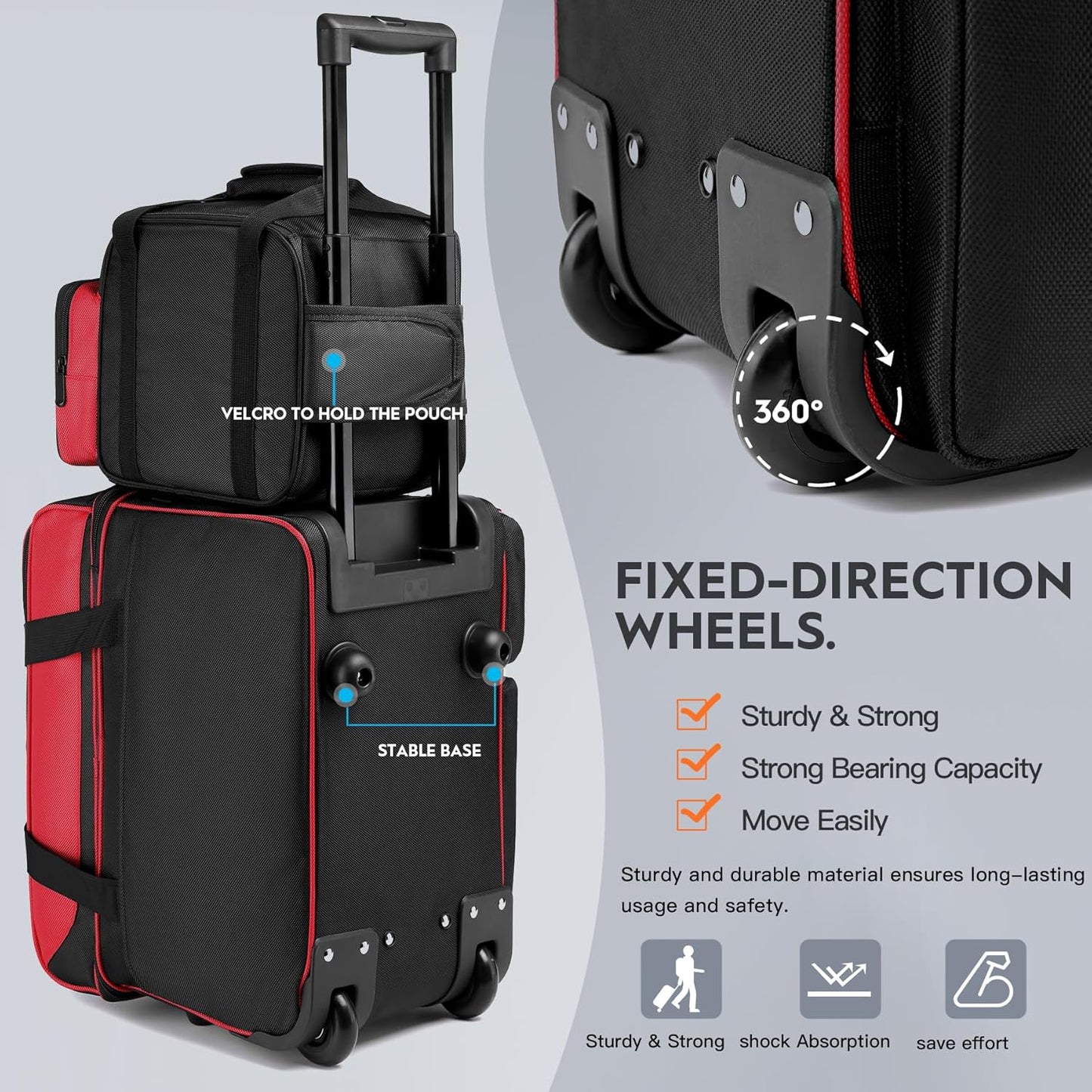 3 Ball Bowling Bag with Wheels, Bowling Bag 3 Ball Roller with Separate Shoe Compartment and Accessory Pocket, 2 Ball Roller Bag Plus Single Ball Tote