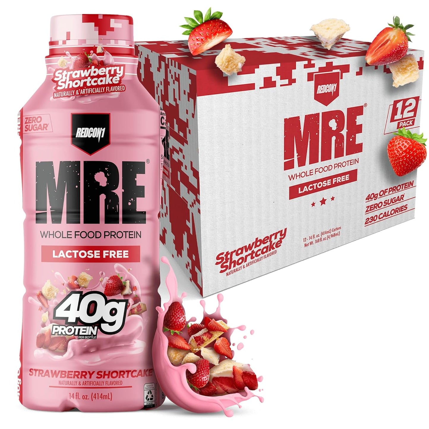 REDCON1 MRE Ready to Drink Protein Shake, Strawberry Shortcake- Lactose + Whey Free RTD 40gr Protein Made with Real Whole Food Protein Blends - Keto-Friendly Easy to Digest Nutritional Shake (12 Pack)