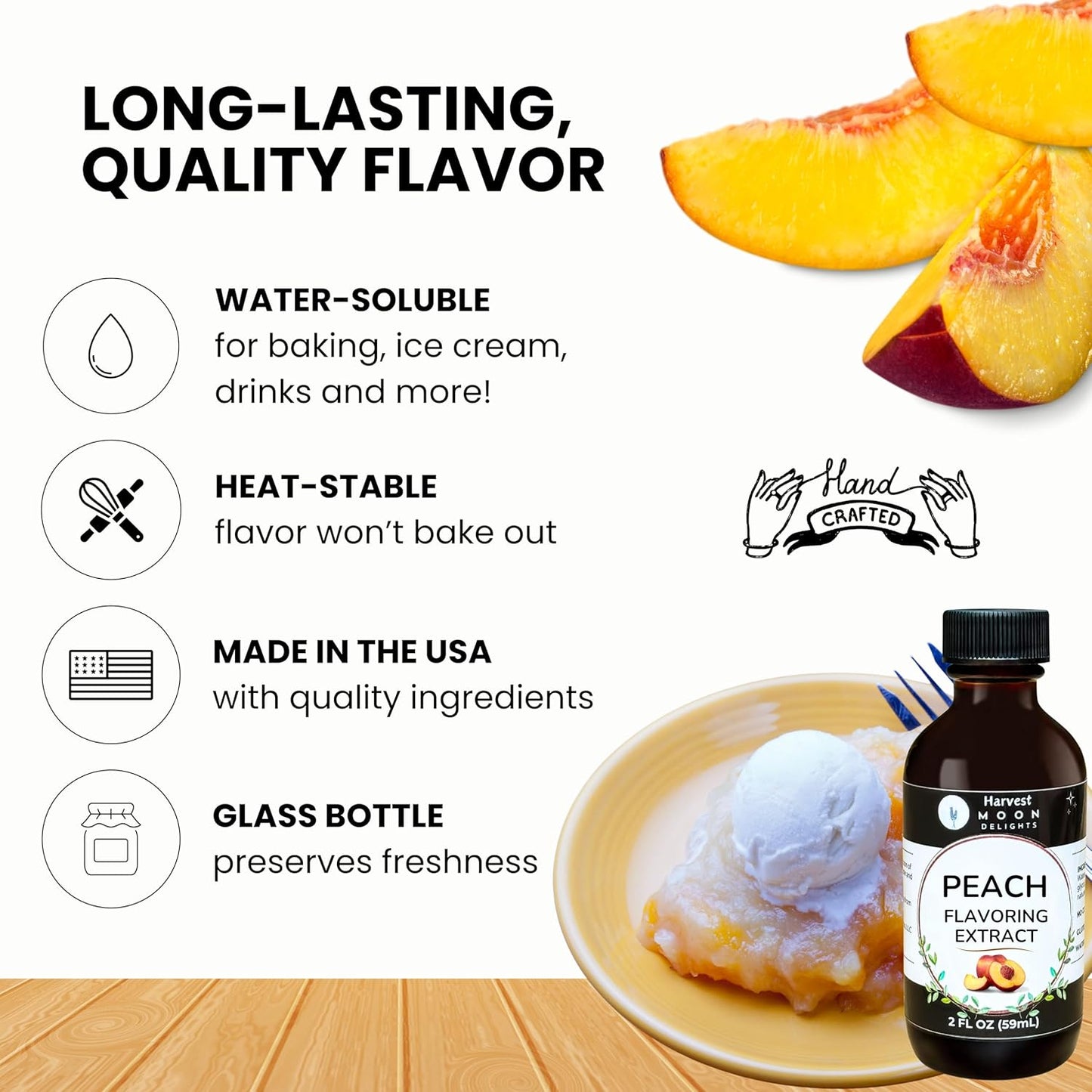 Natural Peach Extract - 2 oz - Water-Soluble - By Harvest Moon Delights - Peach Extract for Baking, Ice Cream, Drinks, and Candy - Sugar Free