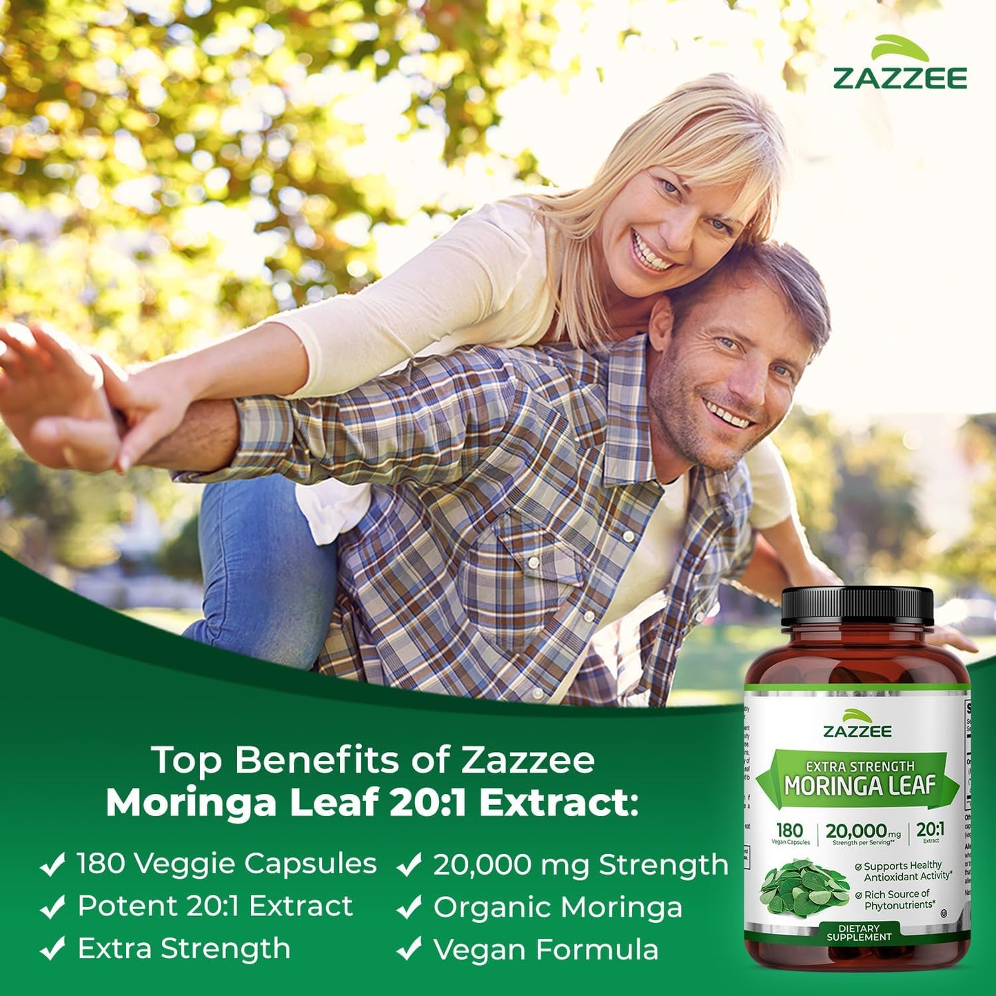 Zazzee Organic Moringa 20:1 Extract, 20,000 mg Strength, 180 Vegan Capsules, 100% Pure Oleifera Leaf Superfood, Concentrated and Standardized 20X Extract, All-Natural, Non-GMO, Made in The USA