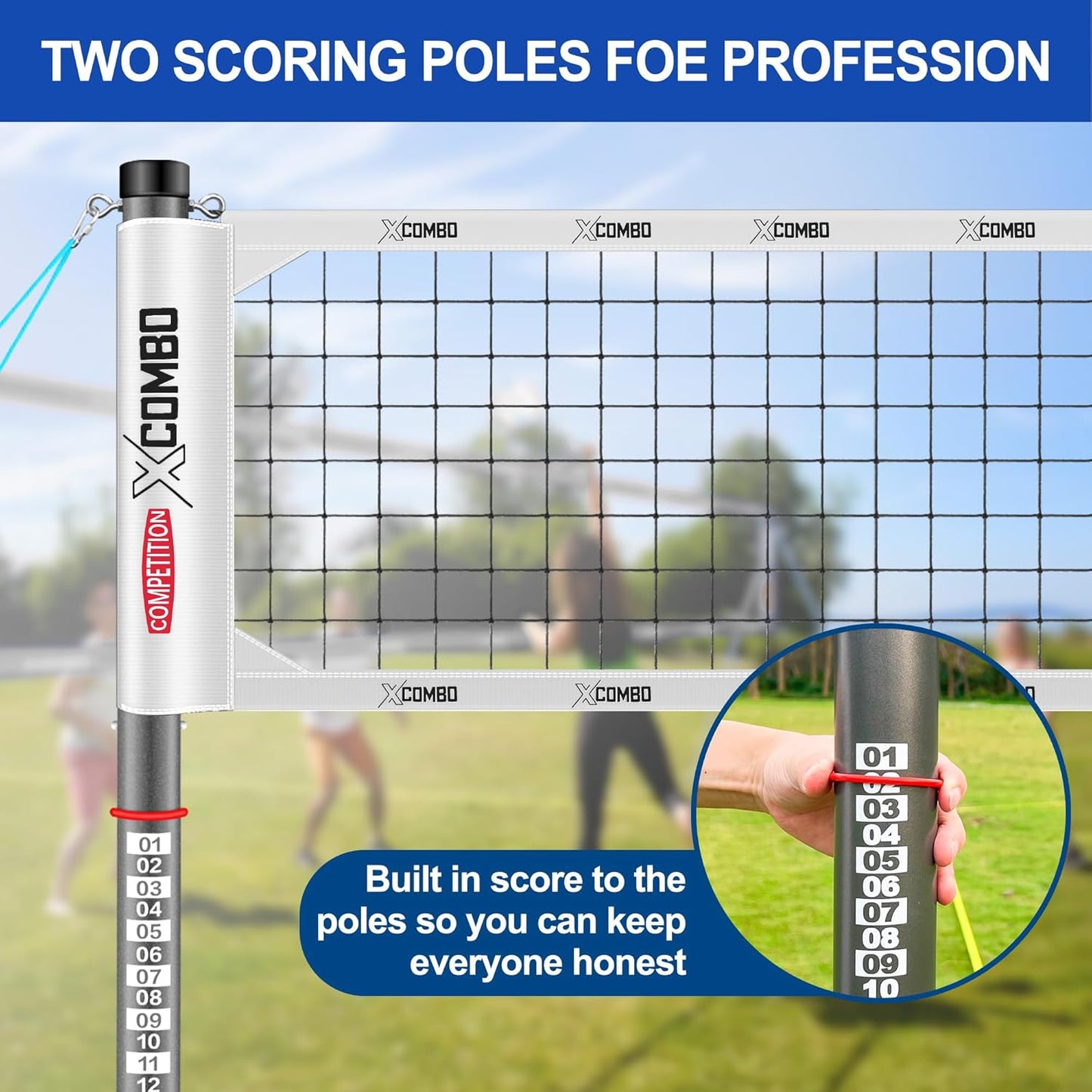 Professional Volleyball Net Set Heavy Duty for Outdoor Backyard Portable with Aluminum Adjustable Height Scoring Poles, Regulation Nets System for Tournament, Grass