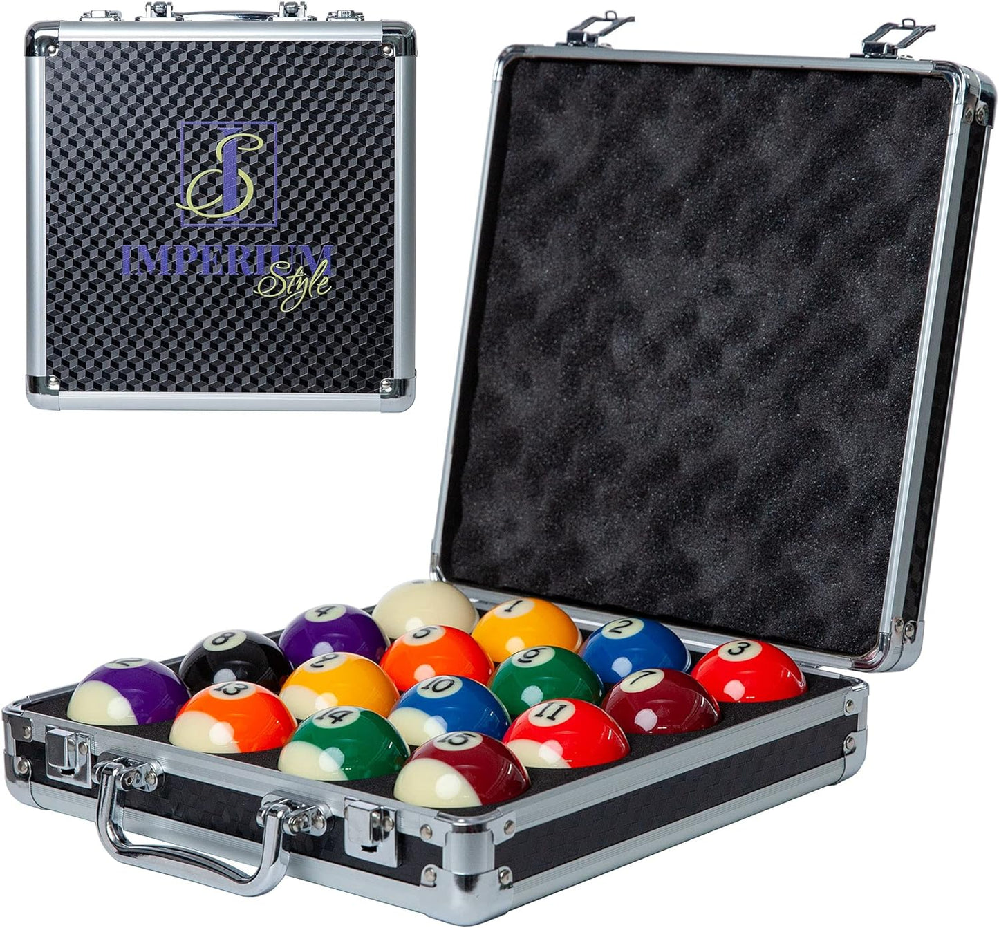Pool Balls Billiard Set - Regulation Size - 17 Pc Professional Pool Set w/ Cue Ball and Sleek Black and Silver Case - Multi Colored - Ball Size 2.25" 57.15mm