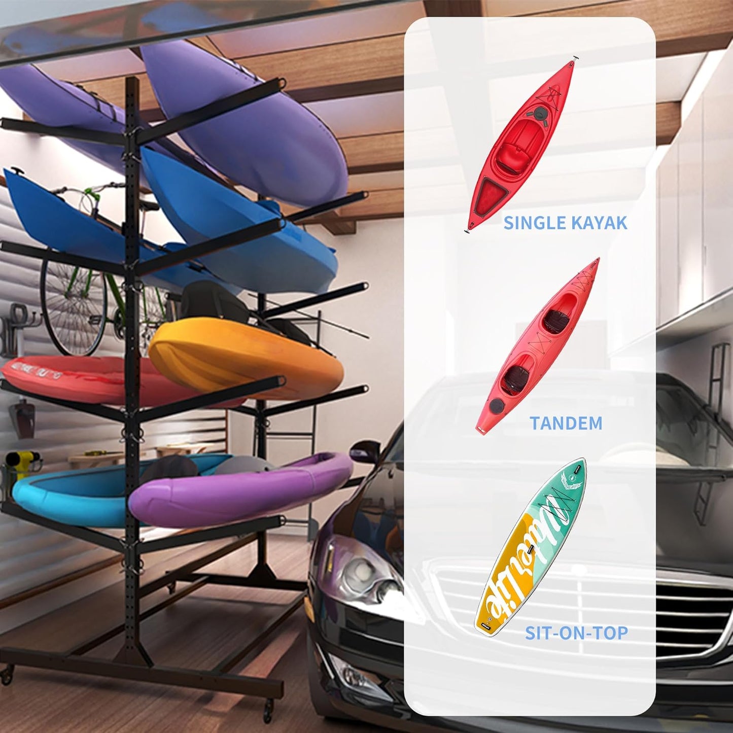Kayak Storage Rack, Heavy Duty Kayak Stand Canoe Rack with Wheels, Freestanding Kayak Holder Stand for Kayaks, Canoes, Surfboard, Paddleboard Storage