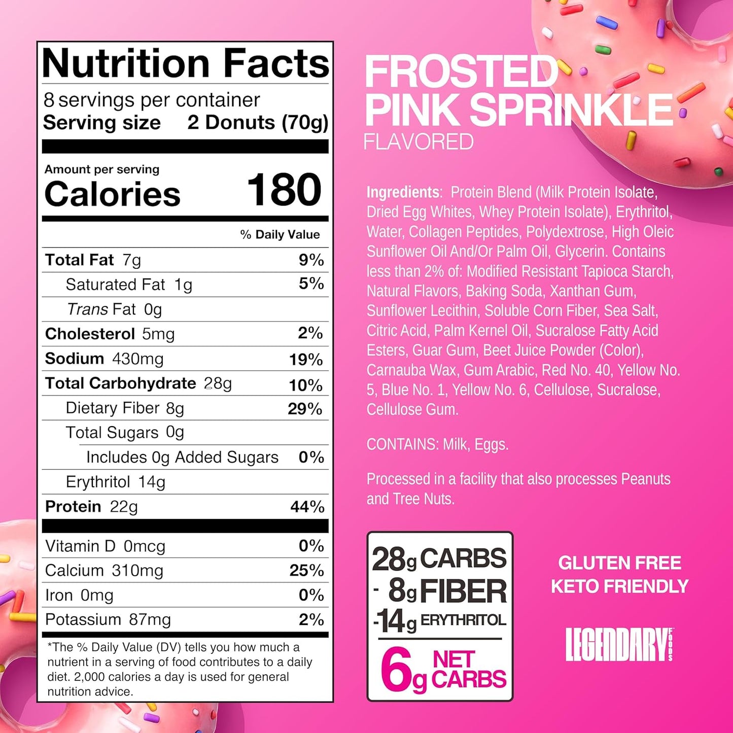 Legendary Foods 22gr Protein Donuts - Frosted Pink Sprinkle 8x (2 Donuts per Pack), High Protein, Zero Sugar, Gluten Free, Low Carb, Keto Friendly Snack, Healthy Donut GLP-1, Diabetic, Bariatric Diets