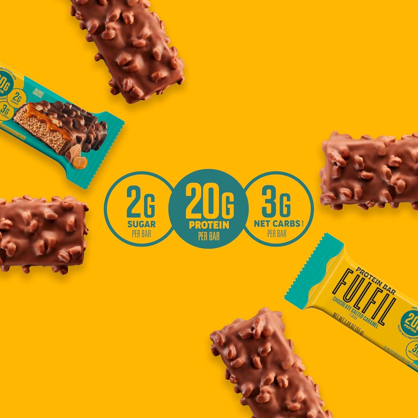 FULFIL Protein Bars, Chocolate Salted Caramel Flavored, Gluten Free with 20g Protein, Pantry Staples, 12 Count
