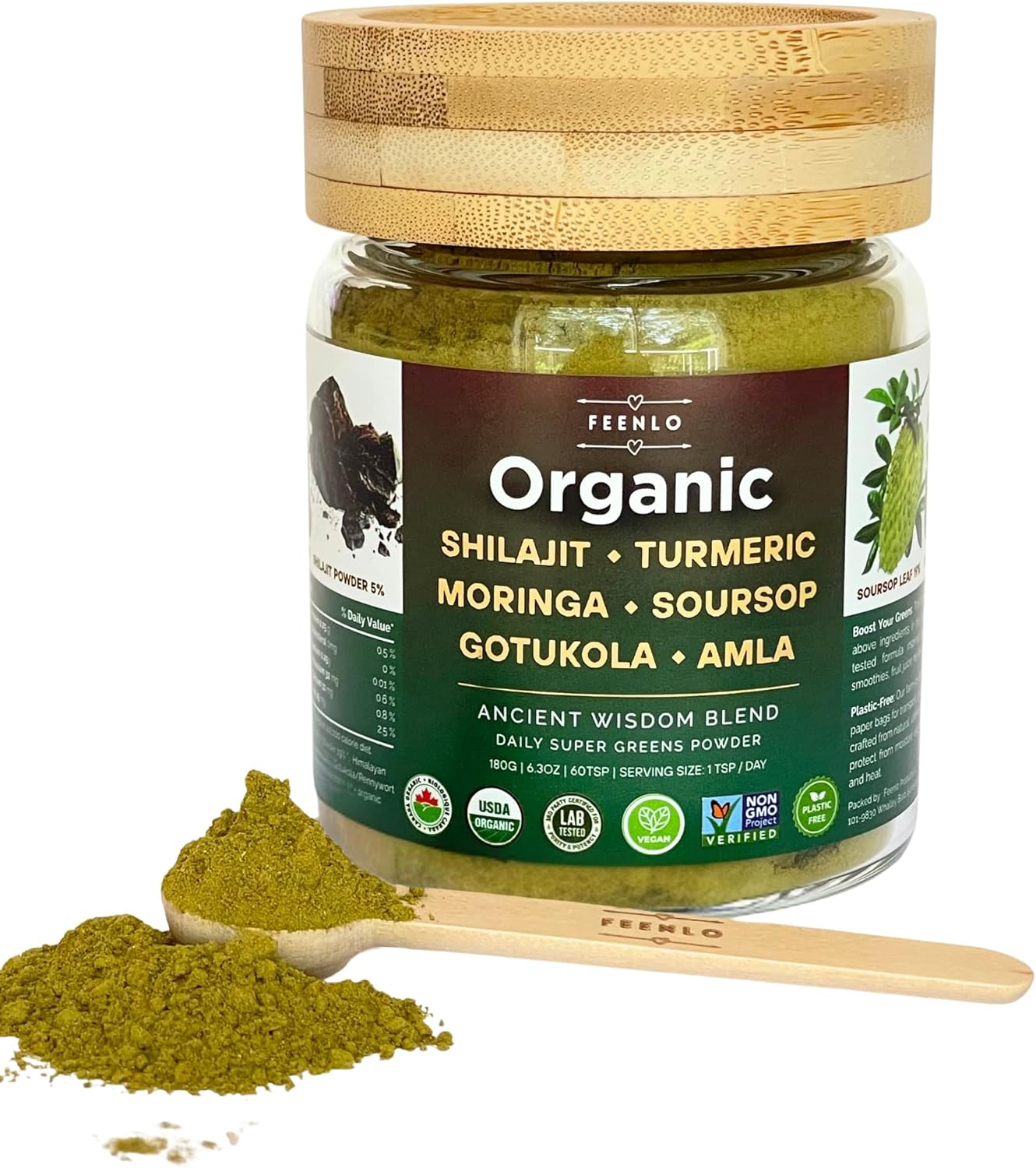 Organic, Non-GMO Moringa, Shilajit, Turmeric, Soursop, Gotukola, and Amla Green Juice Blend Powder, 2-Month Supply, [ Best Before Aug 30, 2028 ]