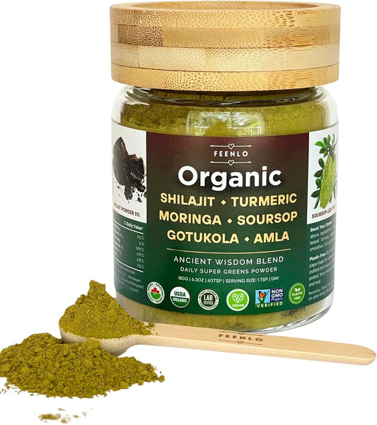 Organic, Non-GMO Moringa, Shilajit, Turmeric, Soursop, Gotukola, and Amla Green Juice Blend Powder, 2-Month Supply, [ Best Before Aug 30, 2028 ]