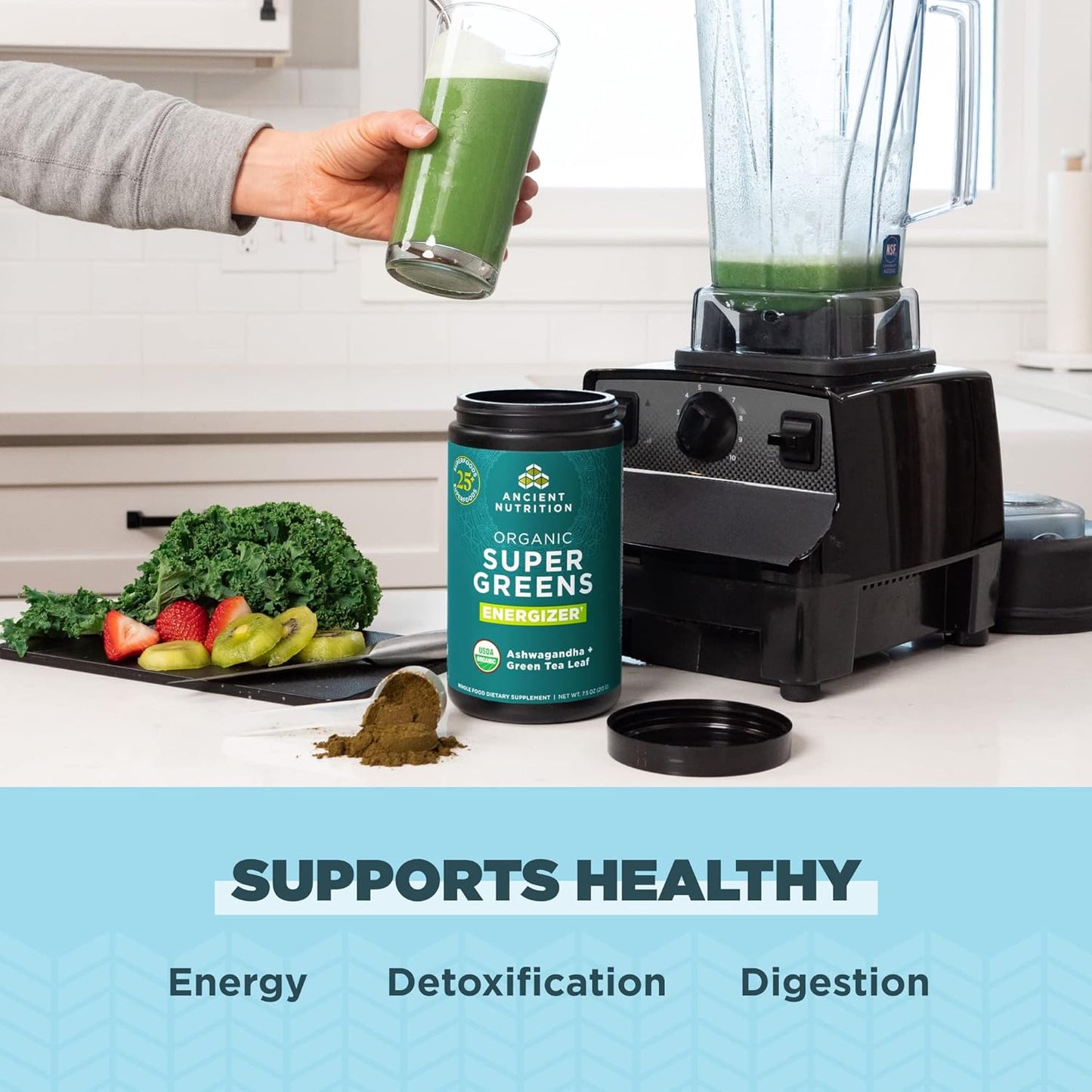 Organic SuperGreens Energizer Powder with Probiotics and B12 by Ancient Nutrition, Made from Real Fruits, Vegetables and Herbs, for Digestive, Detoxification and Energy Support, 25 Servings
