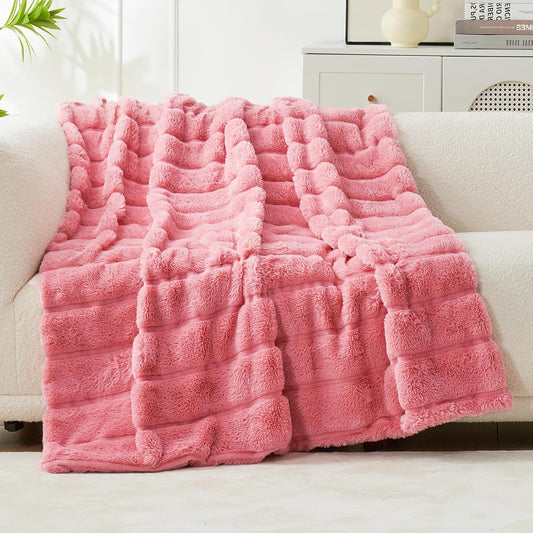 Cozy Bliss Faux Fur Throw Blanket for Couch, Cozy Warm Plush Striped Blanket for Sofa Bedroom Living Room, Pink