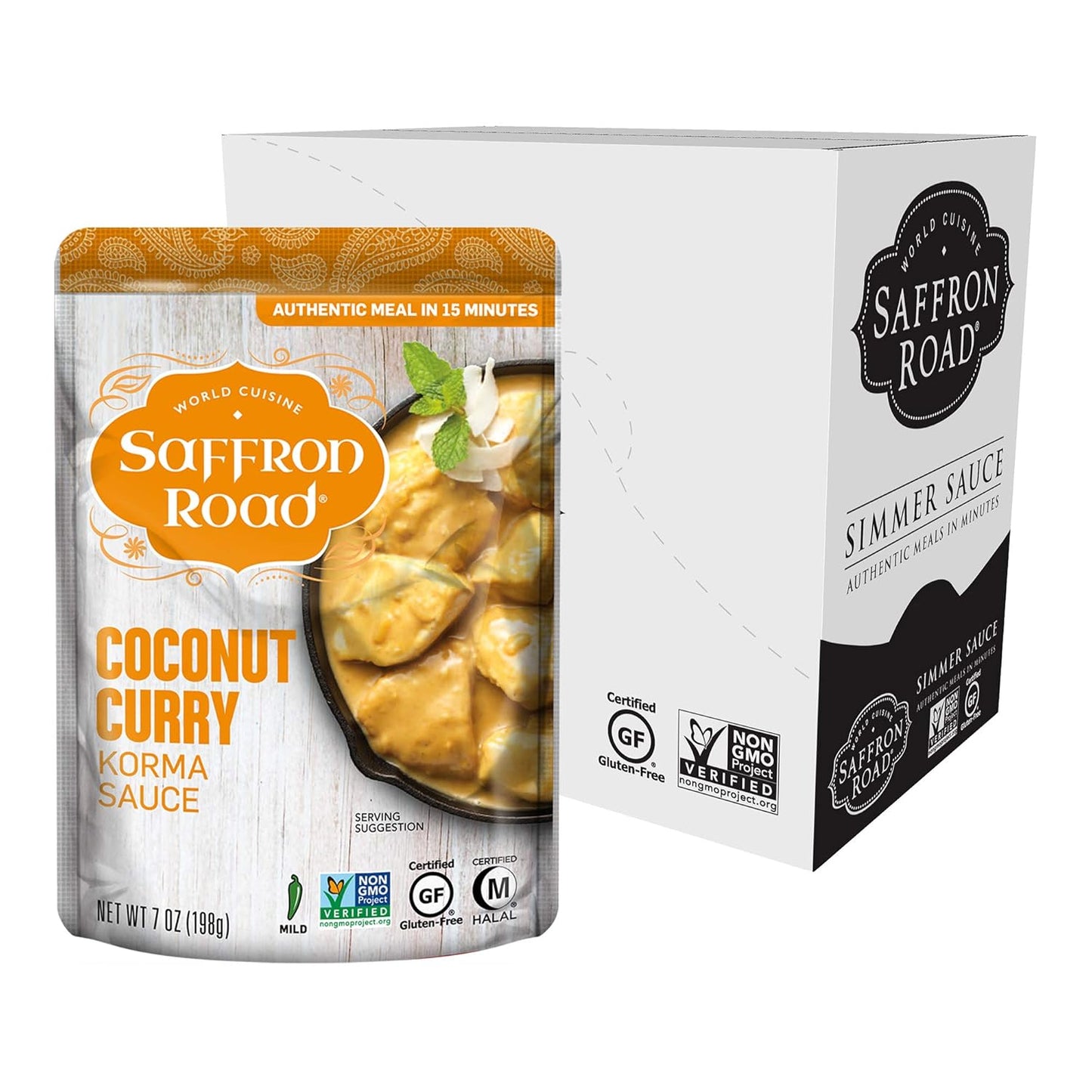 Saffron Road Coconut Curry Simmer Sauce | Globally Inspired Simmer Sauce | Gluten-free, Vegetarian, Non-GMO, and Certified Halal and Kosher | 7.0oz Pouch | Pack of 8