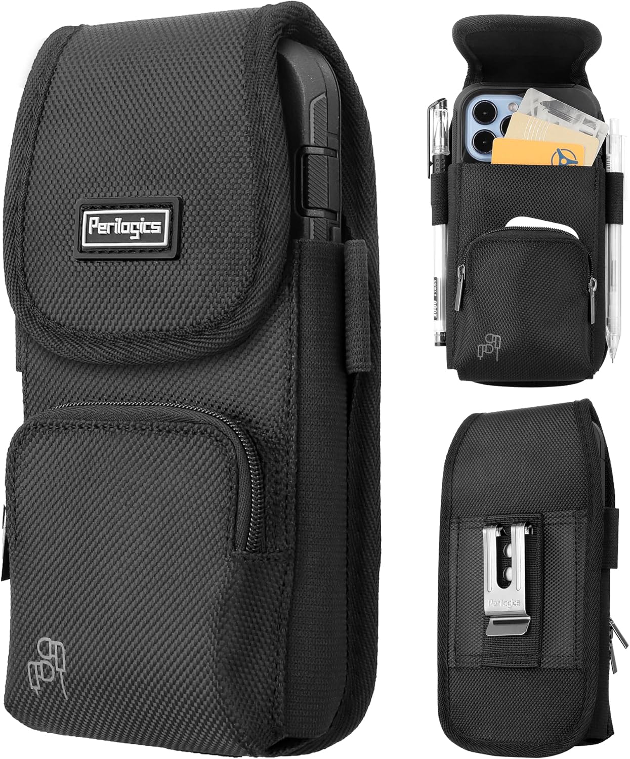 Perilogics Phone Holster with Magnetic Cover, Belt Clip Pouch Fits iPhone 17 Pro Max, 16 Pro Max, 16 Plus and Other Pro Max/Plus Models with Case Installed, with Zipper Storage & Card Pocket