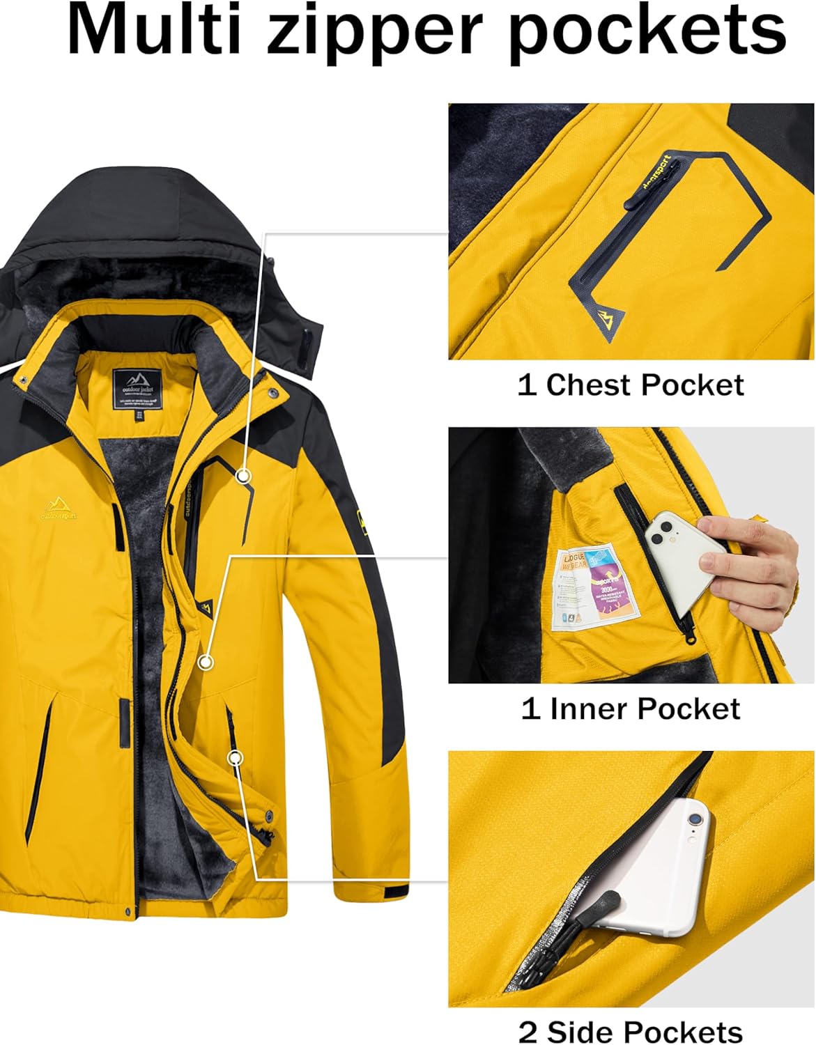 MAGCOMSEN Men's Winter Coats Water Resistant Ski Snow Jacket Warm Fleece Jacket Parka Raincoats With Multi-Pockets