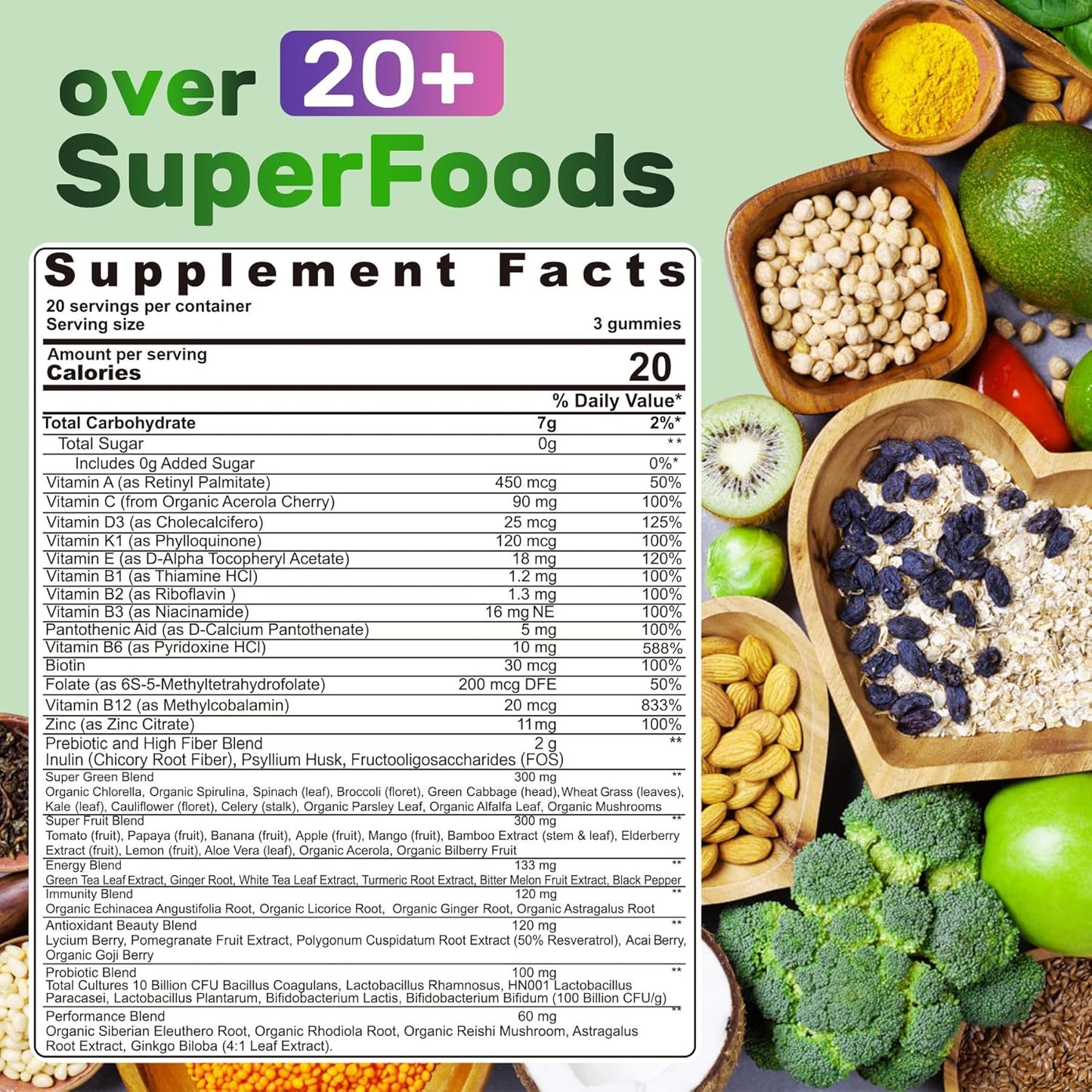 Super Greens Gummies, Greens Superfood Powder Alternative w/Spirulina, Chlorella, Prebiotic Fiber, Probiotic, Fruit Veggie, Daily Fruit Vegetable for Digestive & Gut Health, Immunity, Focus, 120 Cts