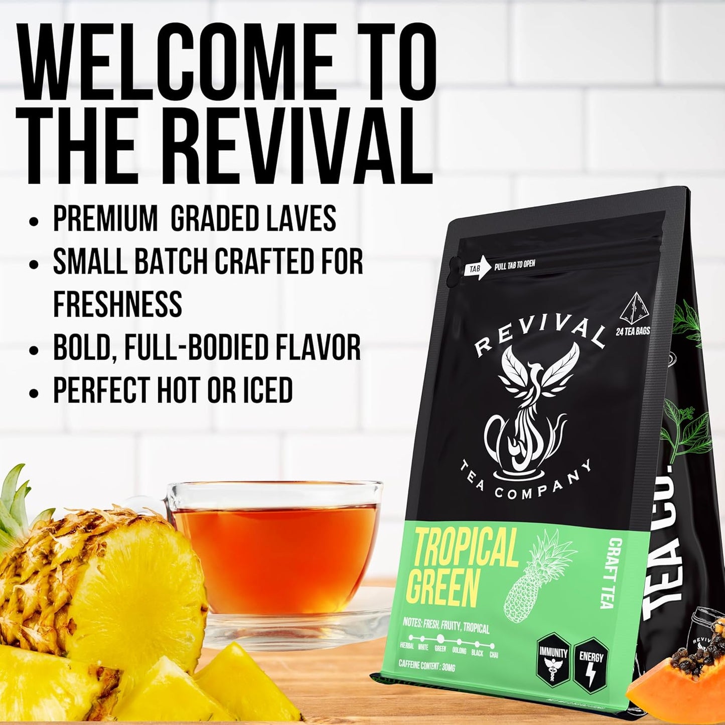 Revival Tea Company Tropical Green Tea - Green Tea Blend with Pineapple and Papaya Flavor - 24 Tea Bags