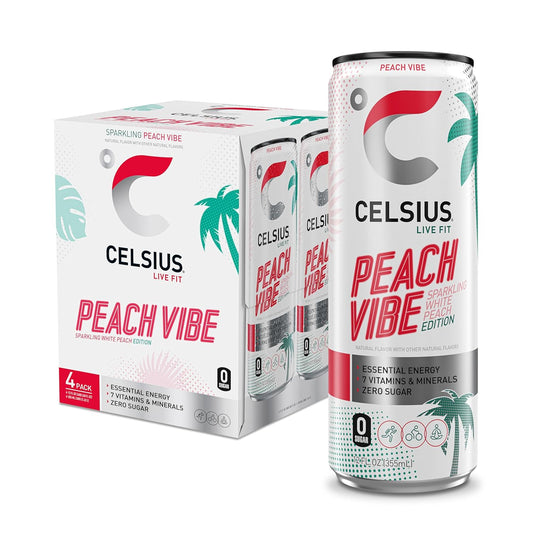 CELSIUS Sparkling Peach Vibe, Functional Essential Energy Drink 12 Fl Oz (Pack of 4)