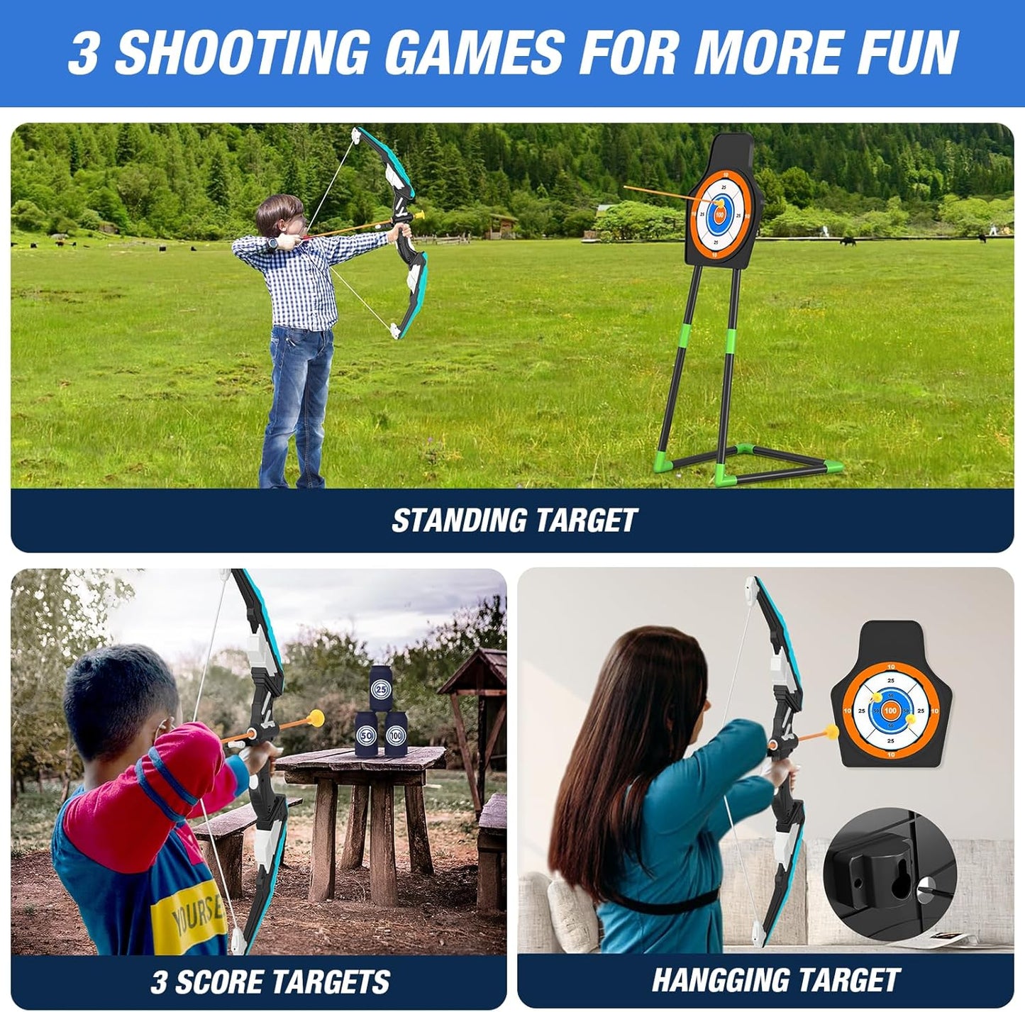 Bow and Arrow for Kids, LED Light Up Archery Set with 12 Suction Cup Arrows, 1 Standing Target, 3 Score Targets & 1 Quiver, Indoor Outdoor Sport Gifts for Boys Girls Ages 4-12, Blue