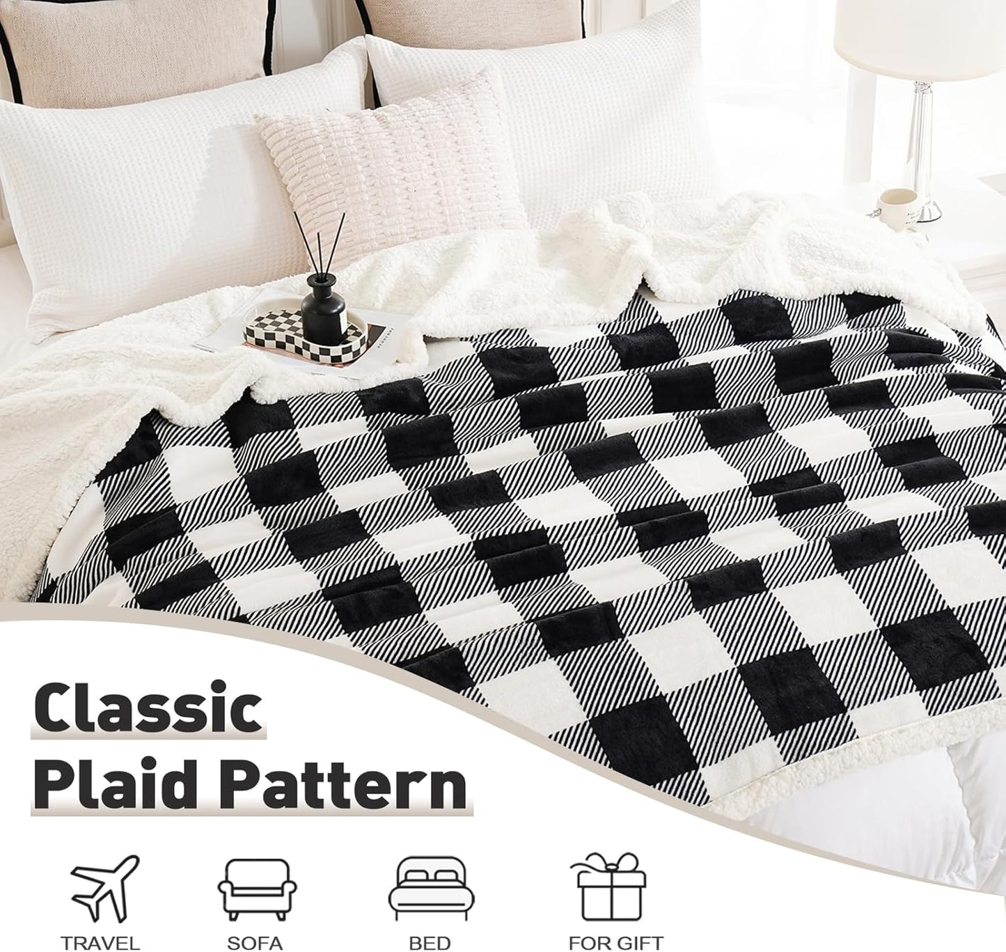 PU MEI Sherpa Fleece Throw Blanket 60" x 80" Reversible Plush Fluffy Large Big Blanket Lattice Flannel Blankets for All Season Use, Black and White
