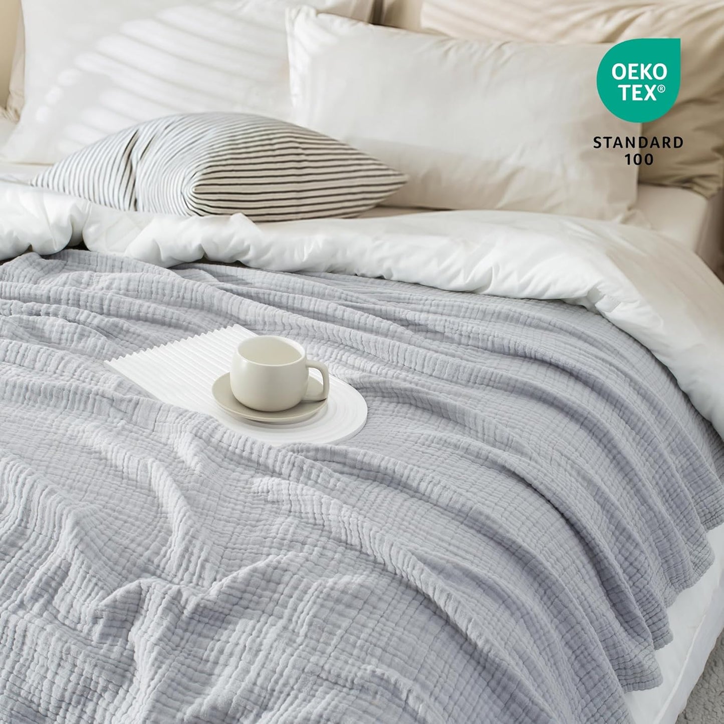 Carriediosa 100% Cotton Muslin Throw Blanket 90" X 90" Queen Size，4-Layers Summer Gauze Throws for Bed Couch，Soft Lightweight Breathable Linen Blankets Bedspread for Adults All Season，Grey