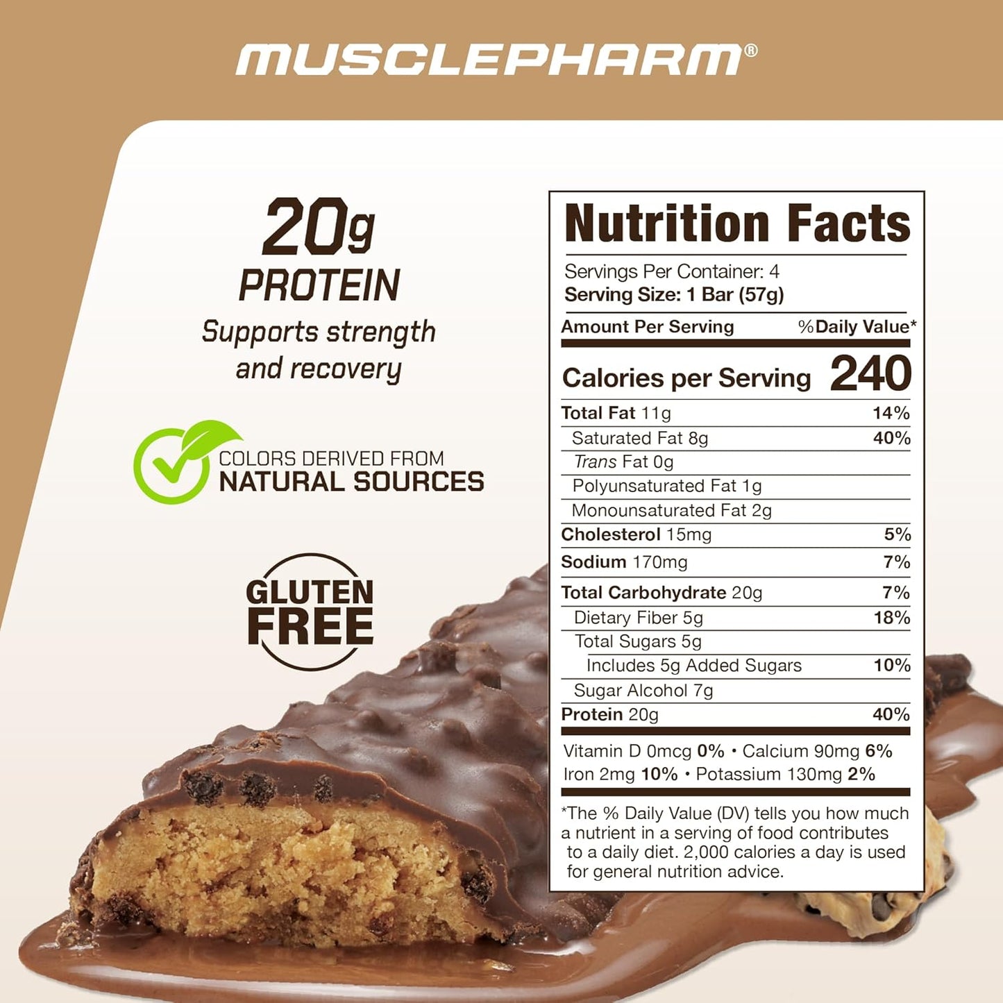 MusclePharm Combat Ready Chocolate Chip Cookie Dough Protein Bar, High Protein Bars, Combat Cravings, Fuel Performance & Meet Energy Demands, 20g Protein from Whey Protein, 5g Fiber, Gluten Free, 4 Bars