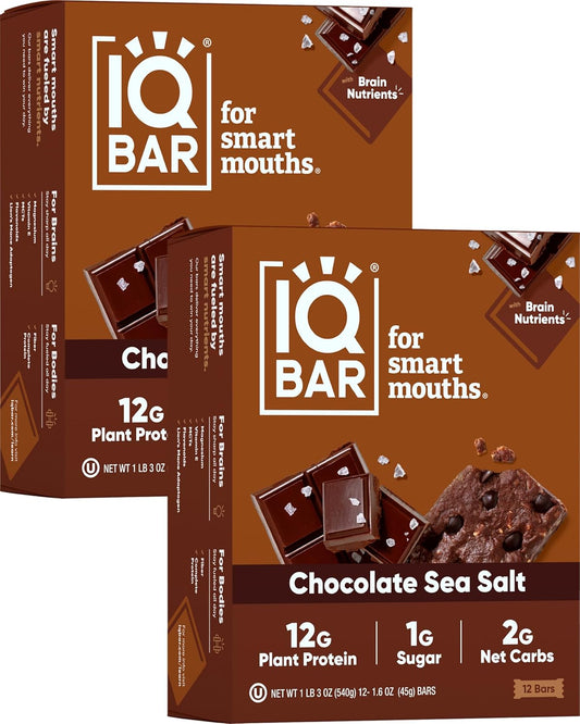 IQBAR Brain and Body Plant Protein Bars - Chocolate Sea Salt - 24-Count Low Carb - Gluten Free, High Fiber, Vegan Snacks - Low Sugar Meal Replacement