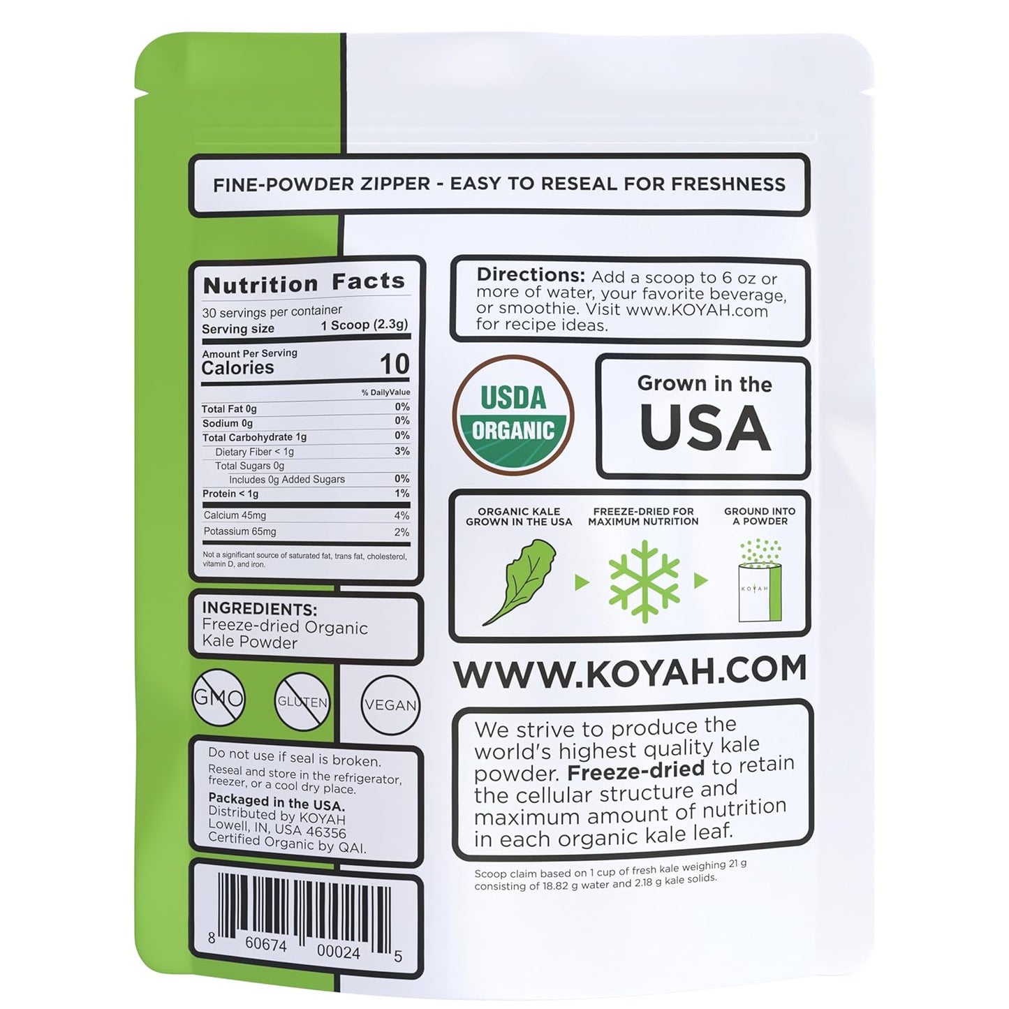 KOYAH - Organic USA Kale Powder (Equivalent to 30 Cups Fresh): Freeze-dried, Whole-Leaf Powder