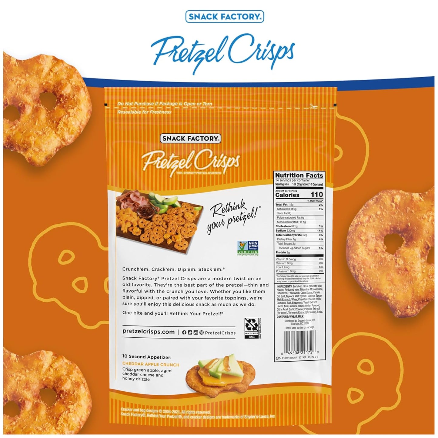 Snack Factory Pretzel Crisps, Cheddar Cheese, 7.2 Oz