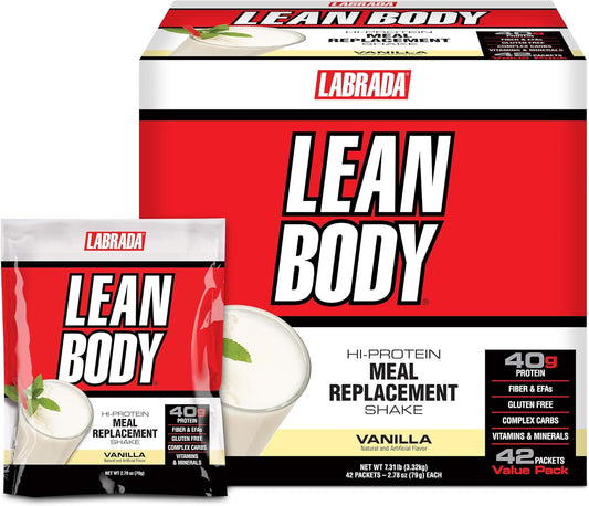 Labrada Lean Body MRP All-In-One Vanilla Meal Replacement Shake, 40g Protein, Whey Blend, 8g Healthy Fats EFA's & Fiber, 22 Vitamins and Minerals , No artificial color, Gluten Free, (42 Packets)