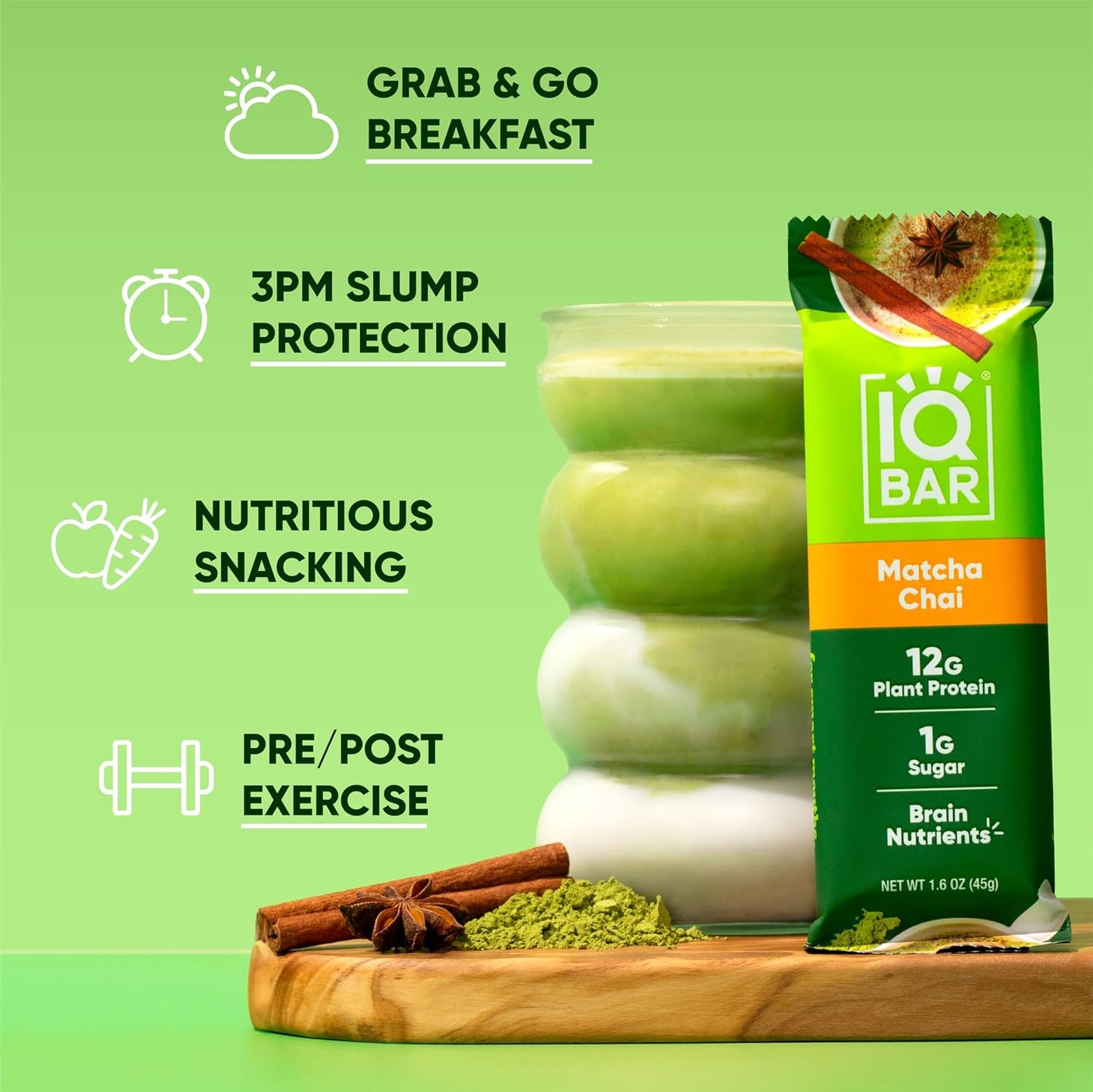 IQBAR Brain and Body Plant Protein Bars - Matcha Chai - 36-Count Low Carb - Gluten Free, High Fiber, Vegan Snacks - Low Sugar Meal Replacement