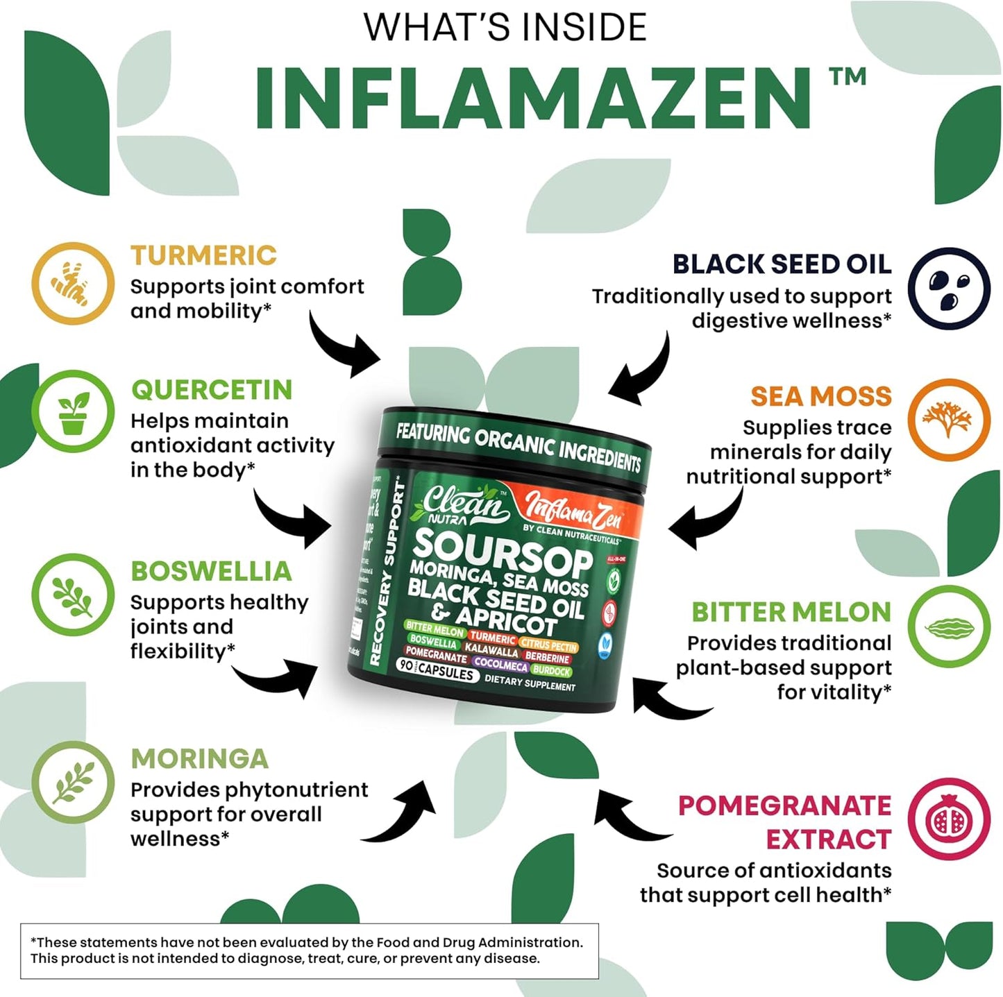 Clean Nutra Soursop Supplement Moringa Sea Moss Black Seed Oil Berberine Turmeric Resveratrol Quercetin Greens Bitters Boswellia Bitter Melon Burdock Root Antioxidant Support 90 Capsules