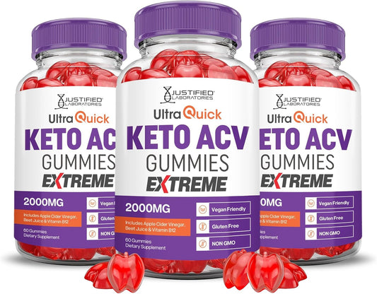 Justified Laboratories (3 Pack Ultra Quick Keto ACV Gummies Extreme 2000MG Ultraquick Keto Gummies Apple Cider Vinegar Formulated with Pomegranate Beet Juice Powder B12 Vegan Non GMO 180 Gummys