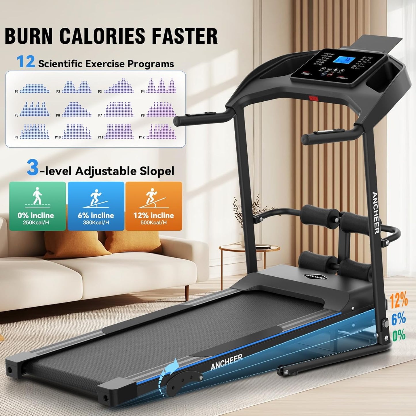 ANCHEER Foldable Treadmill with Sit Up Bench, 2025 Upgrade 3.5HP Portable Treadmills for Home with Incline 350 lbs Capacity, Smart LCD Display Body Fat& Heart Rate, Multifunction Exercise Equipment