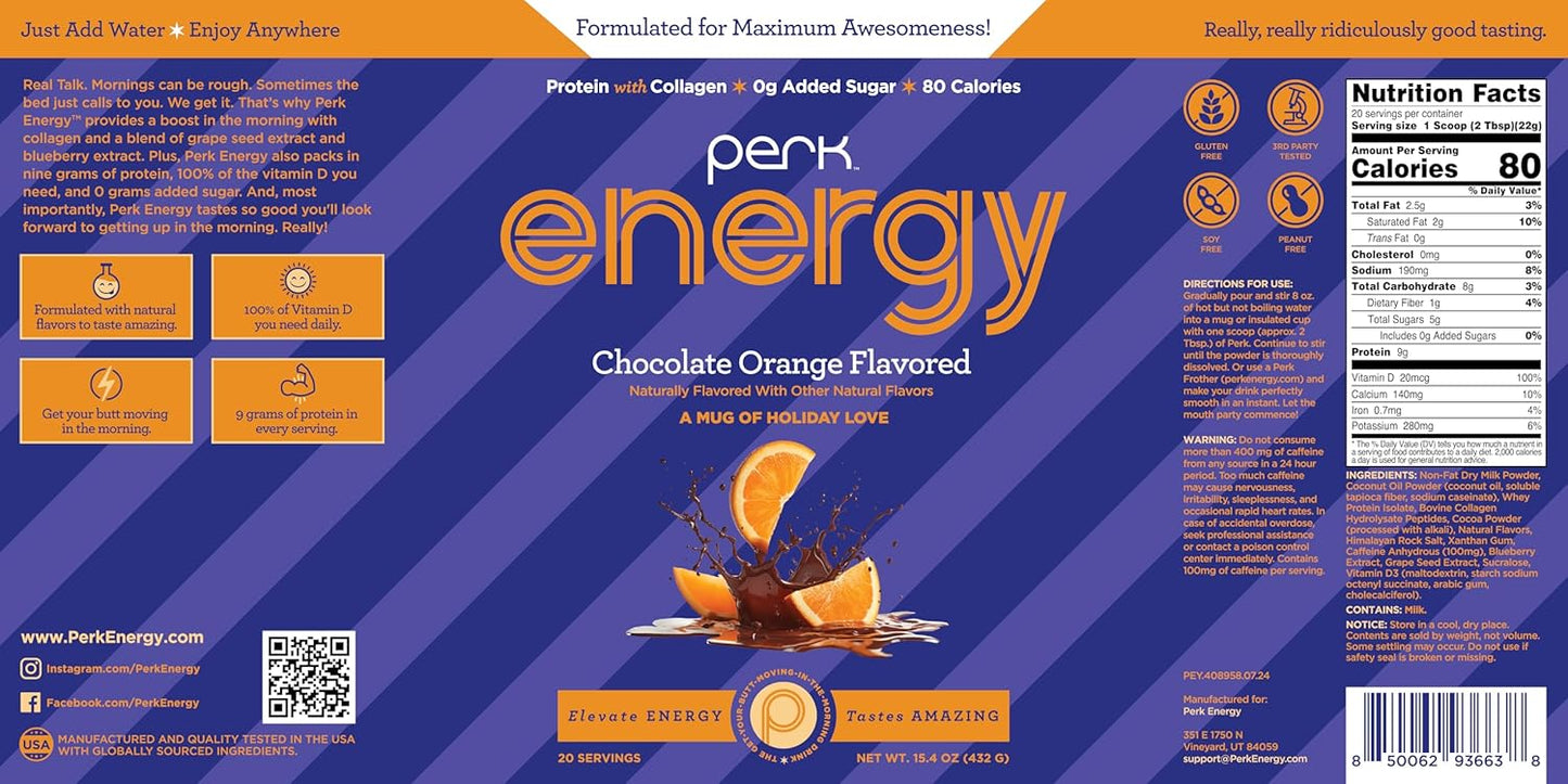 Perk Energy Original Chocolate Orange Flavored (20 Servings) - Gluten Free, Soy Free and Peanut Free