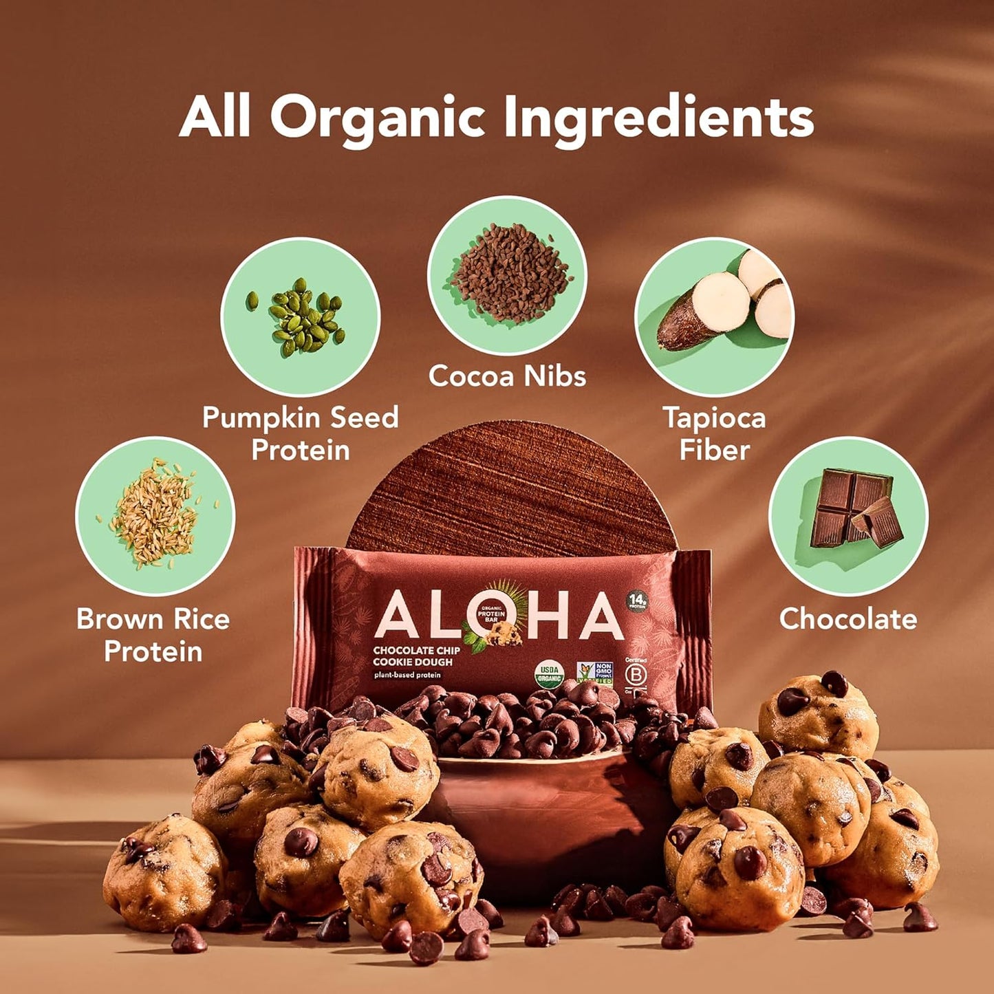 Aloha Organic Plant Based Protein Bars Chocolate Chip Cookie Dough, 1.98 Oz,(Pack of 12)