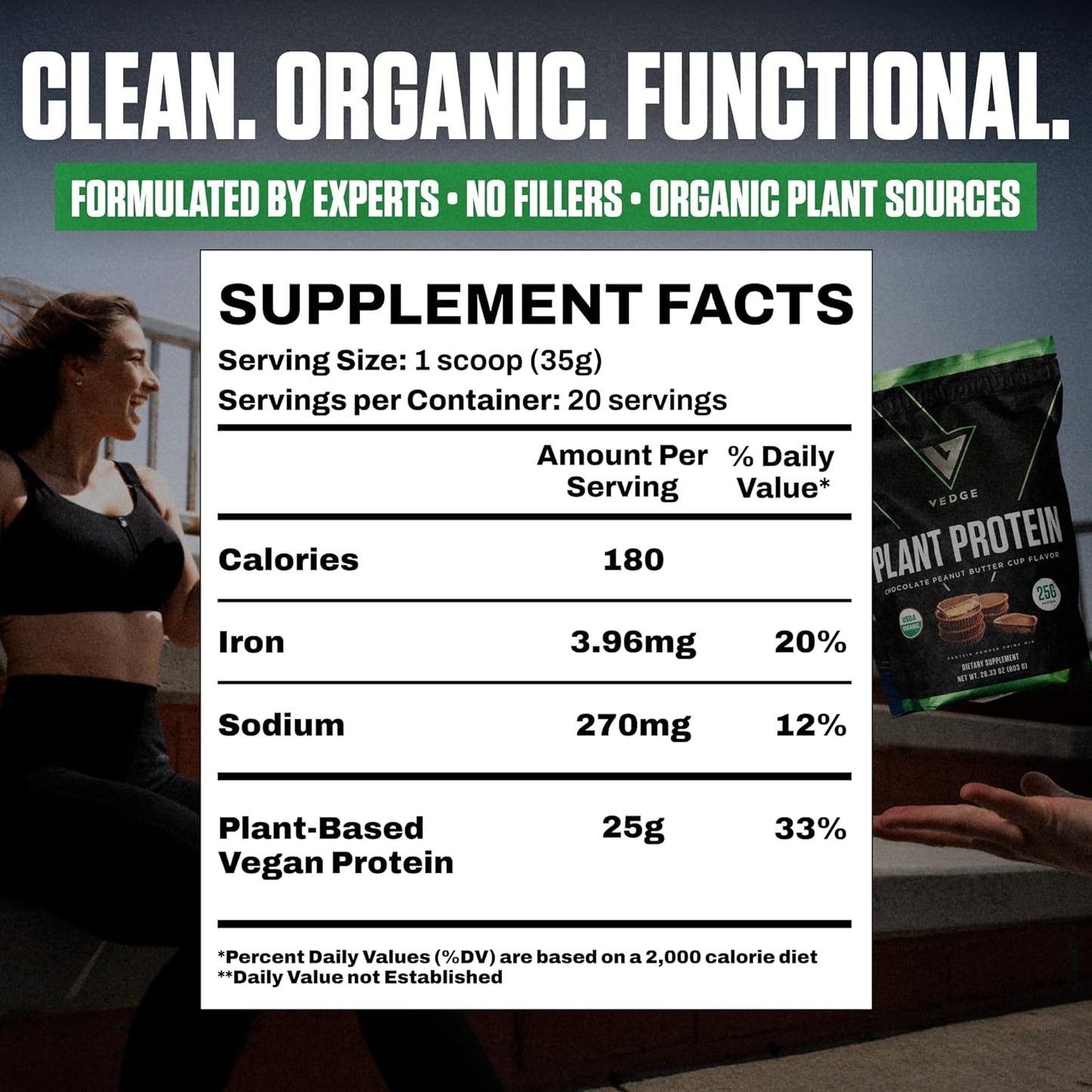 vedge Vegan Protein Powder - Plant Protein Powder with Pea, Pumpkin & Sunflower - USDA Organic, Amino Acids, Dairy Free, Gluten Free, Soy Free, Keto, Non GMO - Peanut Butter Cup - 20 Servings
