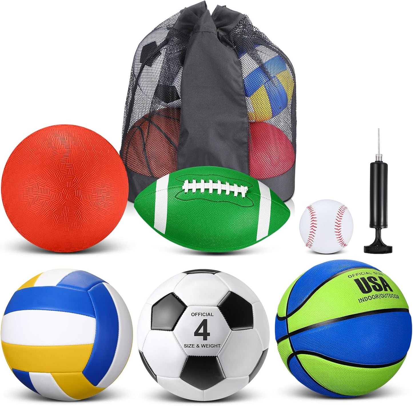 Realspring 6 Pcs Multi Sport Ball Set for Kid Teen Operation Christmas Official Size Football, Basketball, Soccer, Volleyball, Playground Ball, Baseball with Sports Equipment Bag Pump