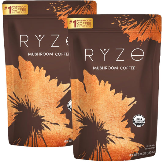 RYZE SUPERFOODS Mushroom Coffee Starter Kit, USDA Organic Instant Coffee with 6 Adaptogenic Mushrooms and MCT Oil for Better Energy, Focus, Digestion, Immunity with Lions Mane & Turkey Tail 60 serving