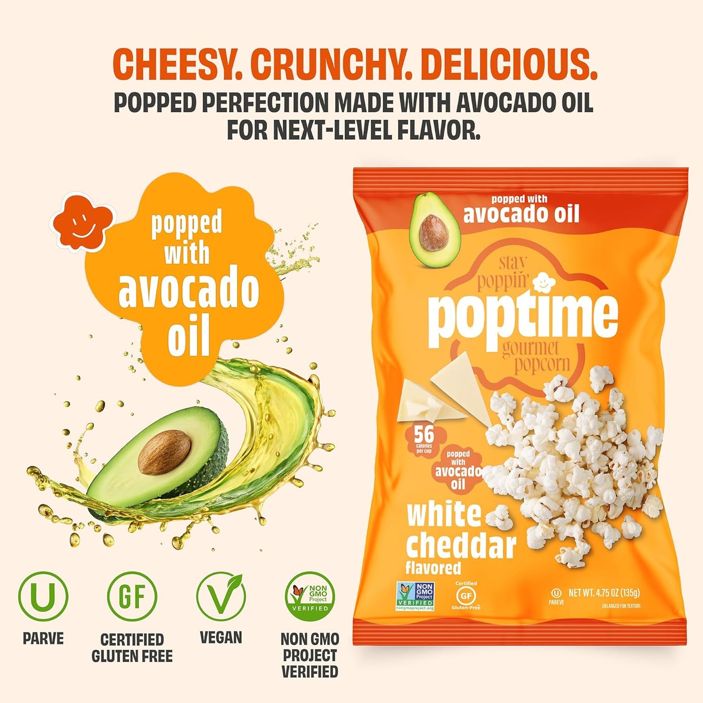 Poptime White Cheddar Popcorn Snack Bags – Gourmet Popcorn Bags, Healthy Snack With Heart-Healthy Avocado Oil, Crunchy, Cheesy, Gluten Free, Vegan, Low Calorie, Non-GMO, Kosher - 4.75 oz - Pack 12