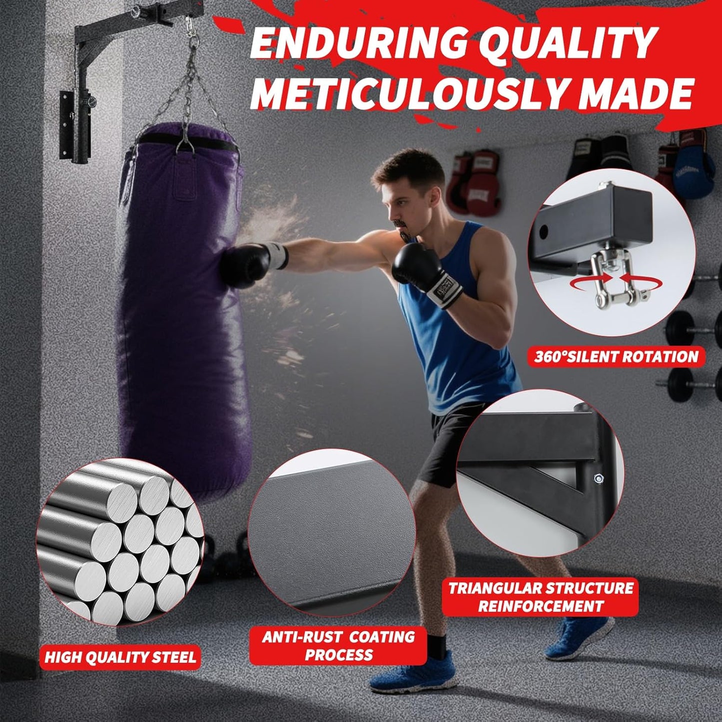 Heavy Bag Hanger Wall Mount Punching Boxing Bag Bracket -Square Tube, Heavy Duty Adjustable Length & Height for Boxing, Taekwondo, Muay Thai Bags, for Home Gym Installation
