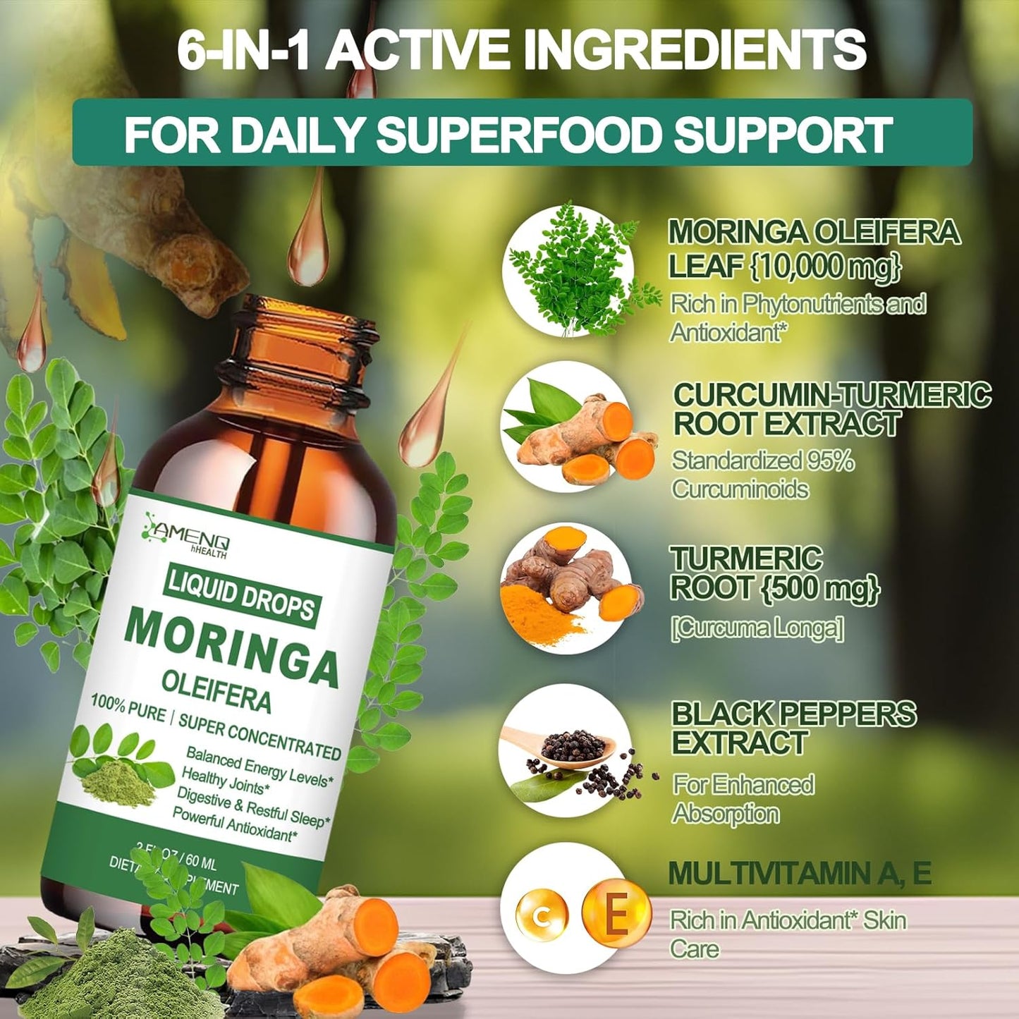 Pure Moringa Oleifera Liquid Drops, Organic Moringa Leaf Extract w. Turmeric, Black Pepper, Moringa Supplement for Energy Metabolism Immune Skin Joint & Gut, 6X Stronger Than Moringa Capsules Powder