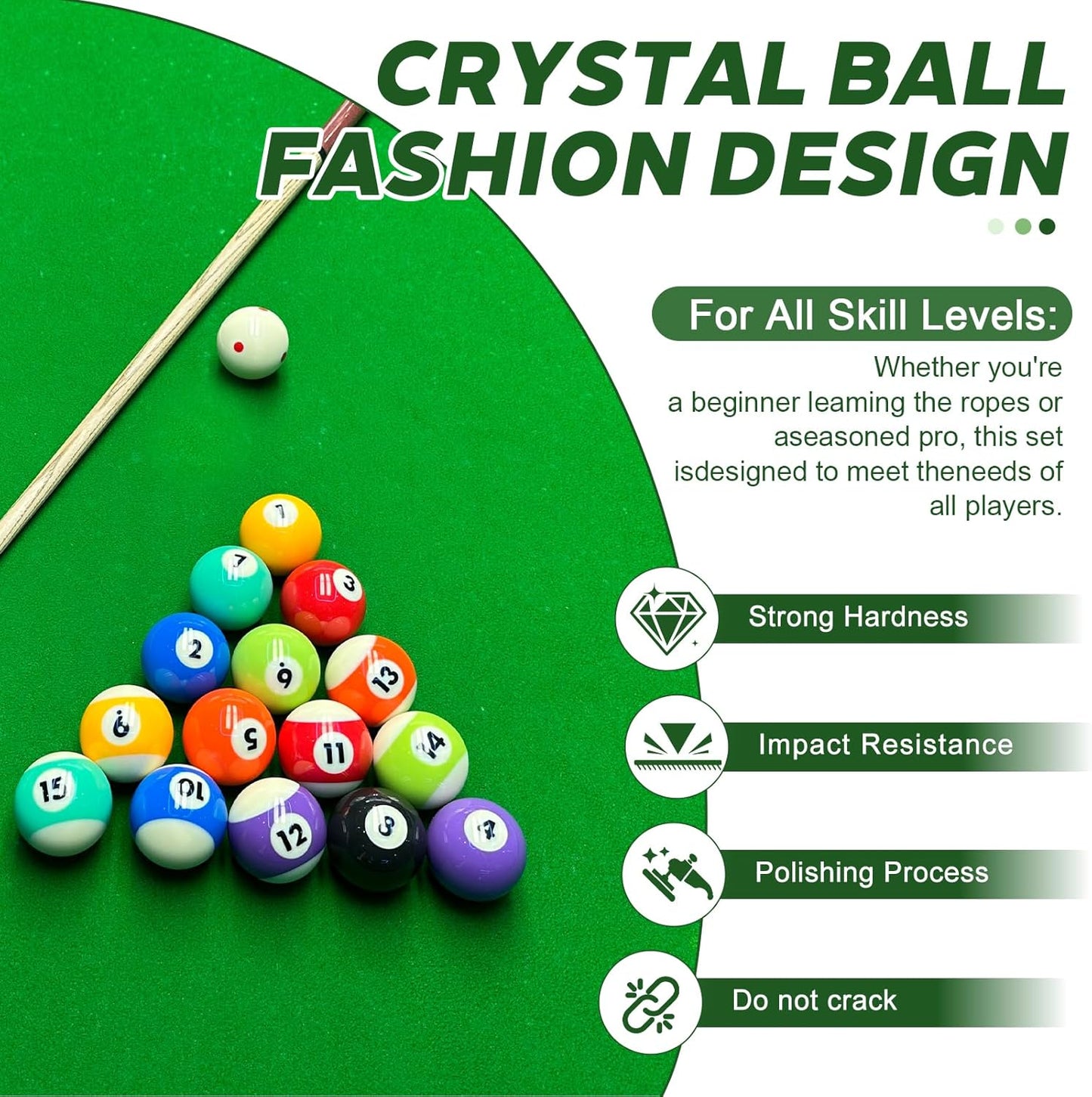 Billiard Balls Set, Deluxe 2-1/4" Regulation Size Billiard Pool Balls for Replacement (16 Resin Balls)