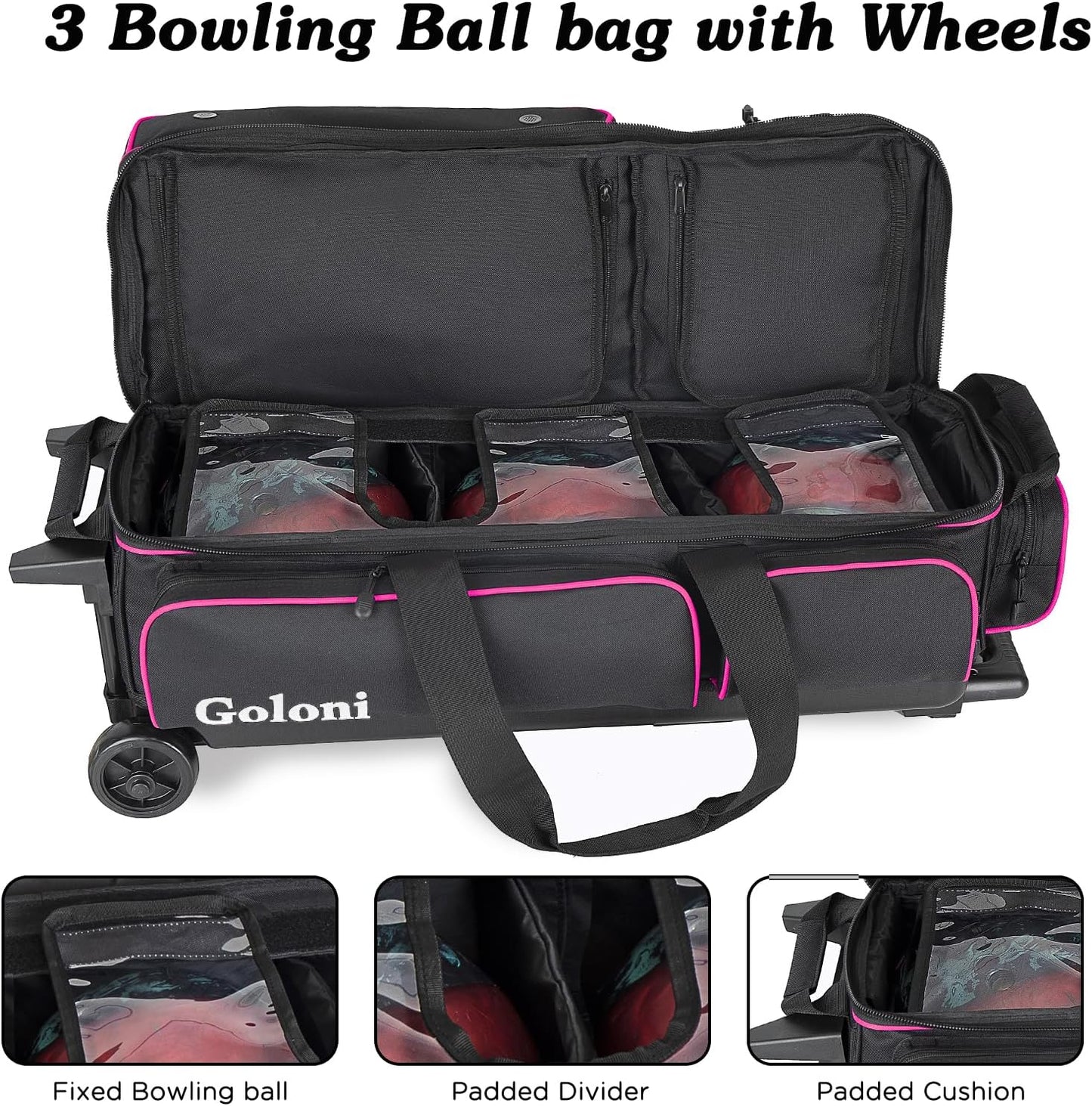 Goloni 3 Ball Bowling Bags with Wheels - Rolling Bowling Bag for 3 Balls & Accessories - Retractable Handle Extends to 38