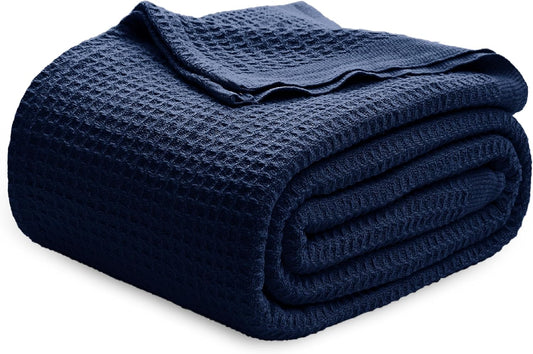 Bedsure 100% Cotton Blanket Queen Size for Bed - Breathable and Soft, Waffle Weave Blanket for Summer, Thick Cozy Fall Blankets for Women Gift, Pageant Blue, 90x90 Inches